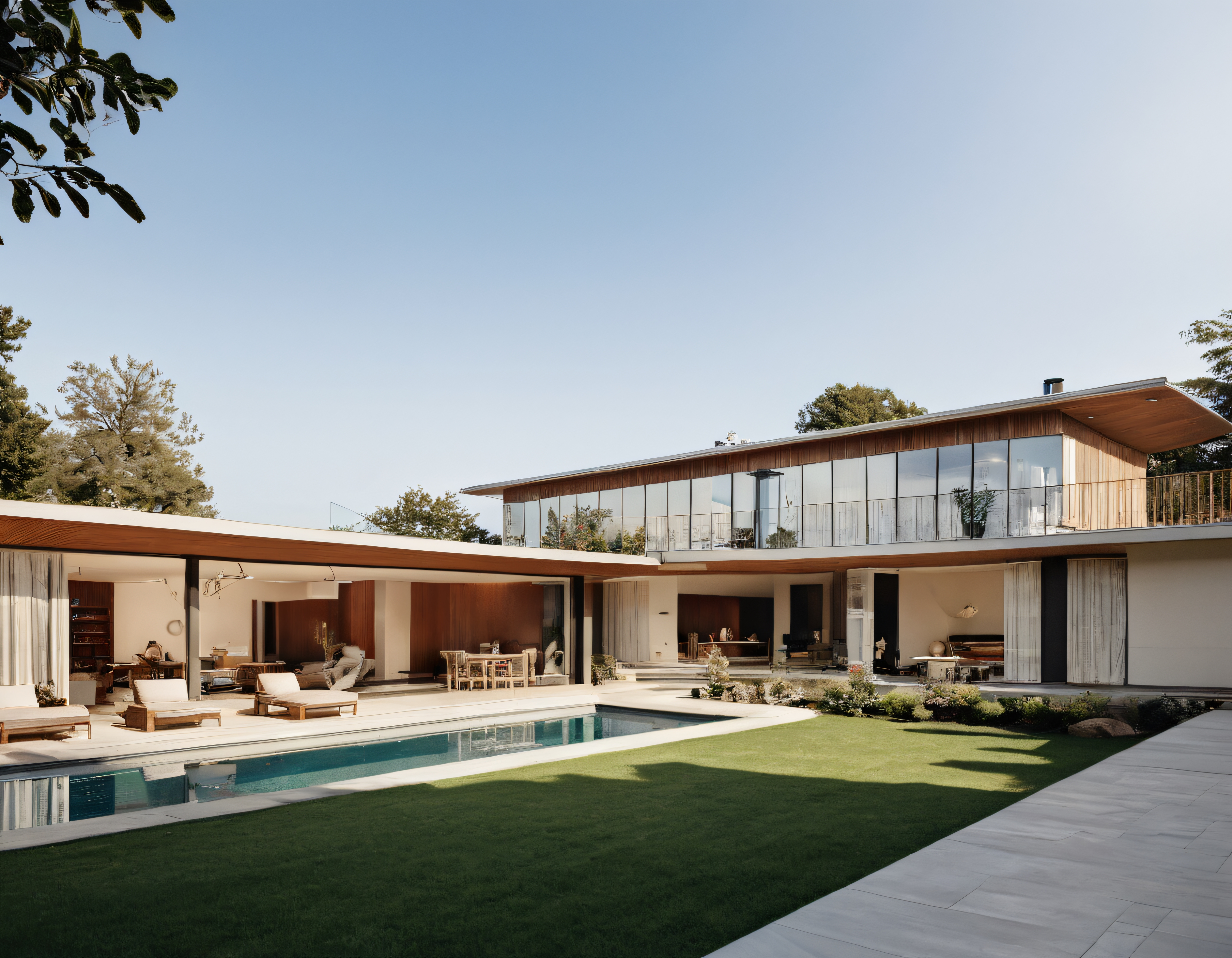 Modern mimari tasarım havuzlu lüks villa ve yeşil bahçe manzarası