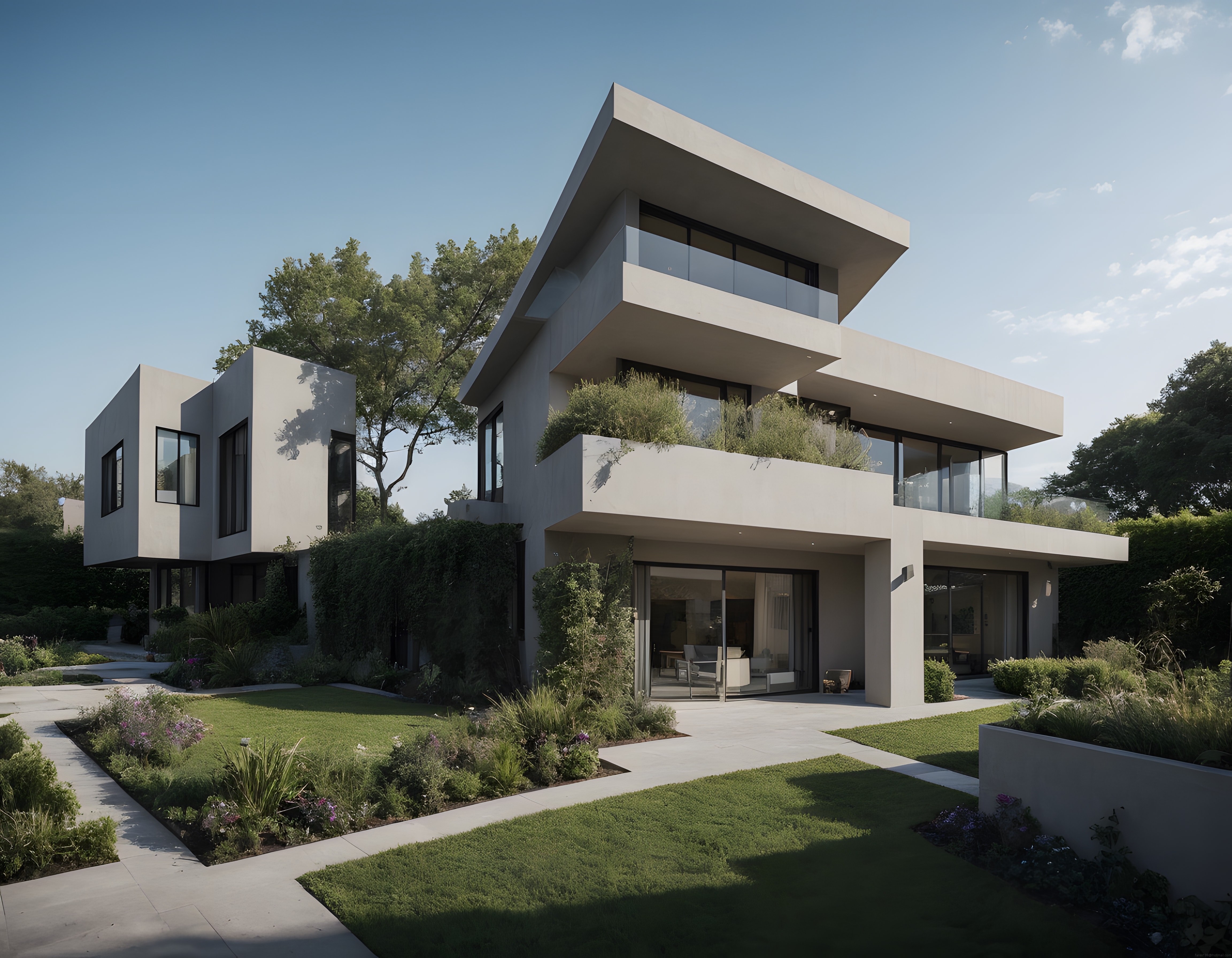 Modern mimari tasarıma sahip çok katlı lüks villa ve yeşil bahçe manzarası