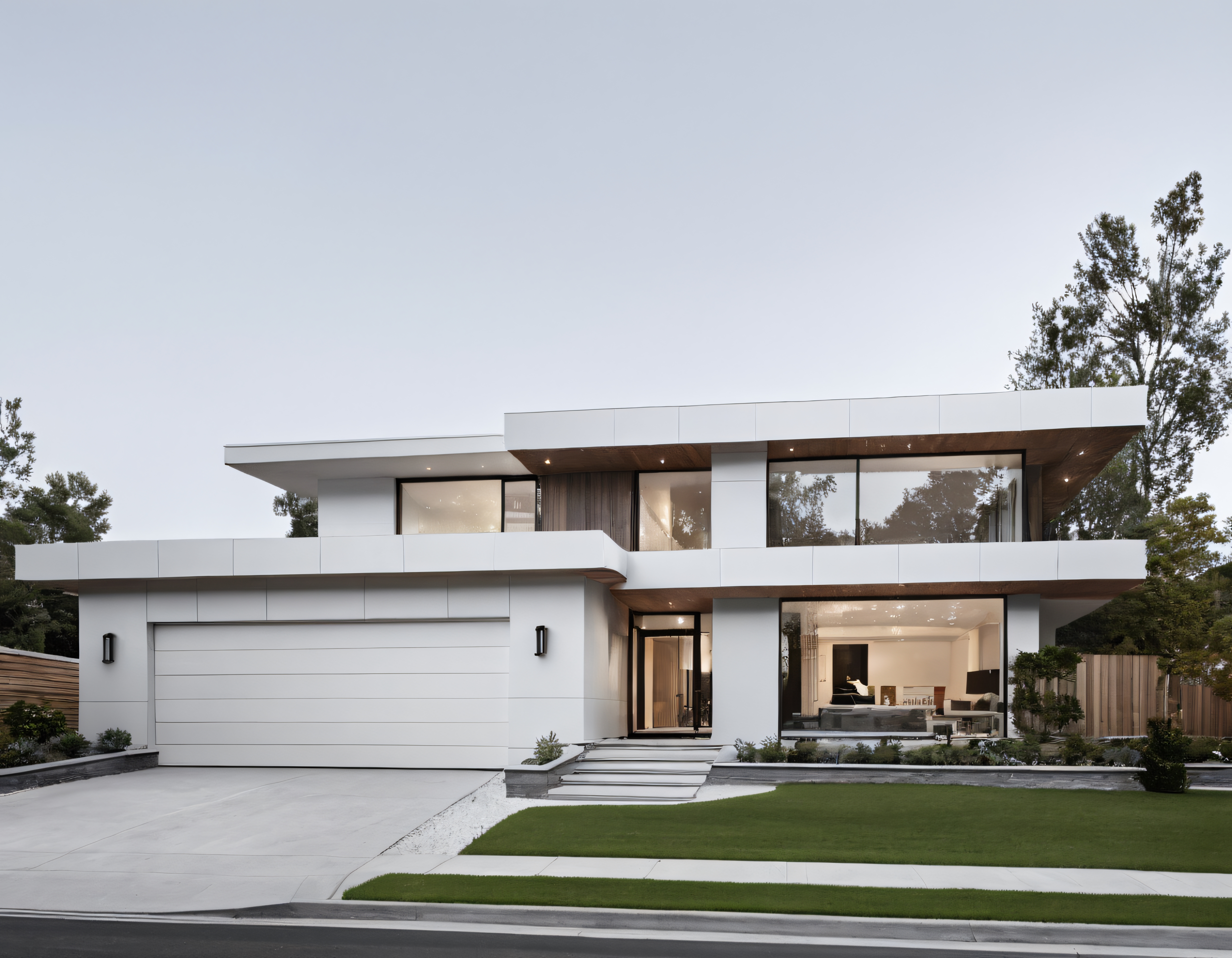 Modern Mimari Tasarıma Sahip Lüks Beyaz Villa ve Peyzajlı Ön Bahçe Görünümü