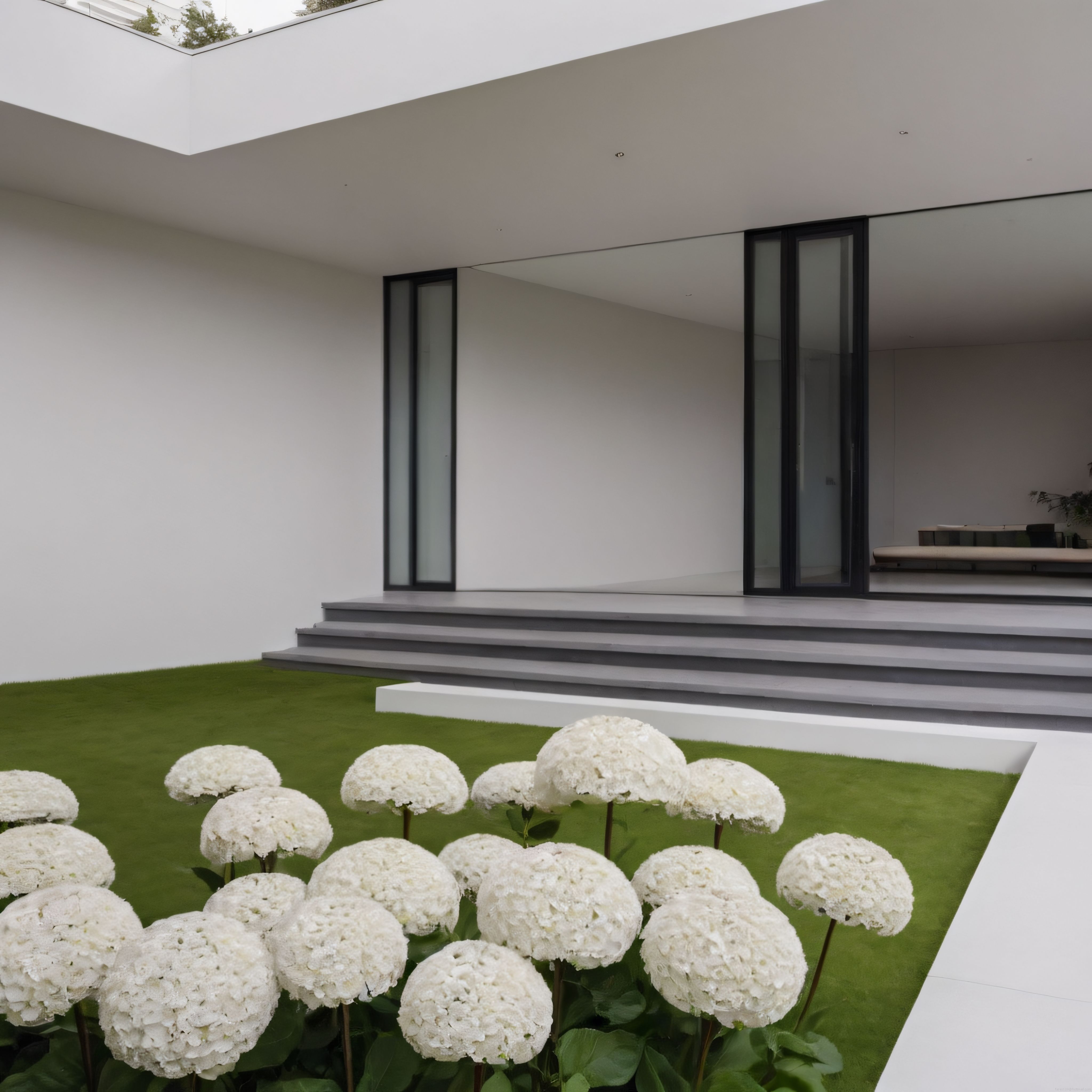 Modern Mimari ve Beyaz Ortancalarla Tasarlanmış Minimalist Avlu Bahçesi