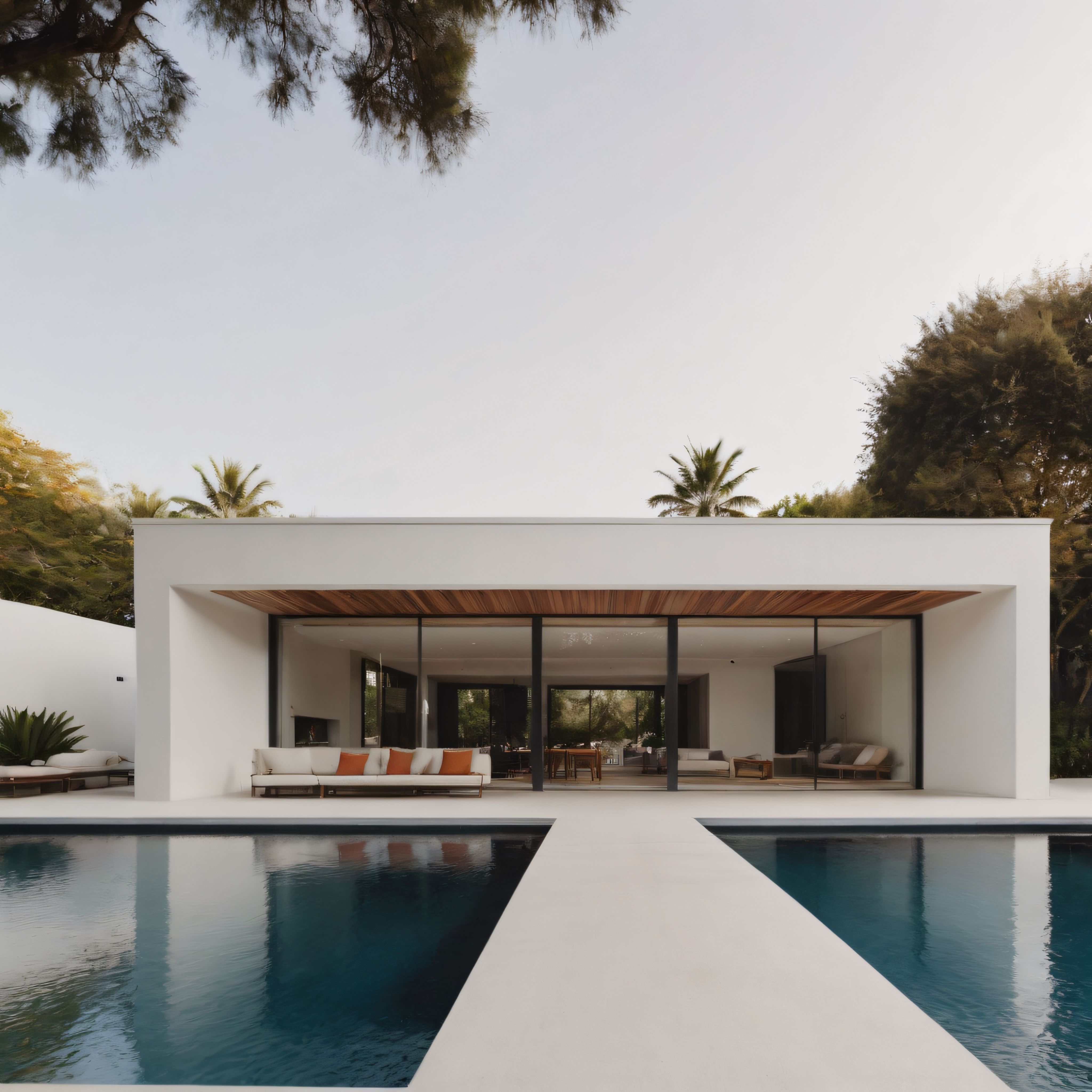 Modern Mimari ve Havuzlu Villa: Beyaz Cephe, Cam Duvarlar ve Doğa Manzarası