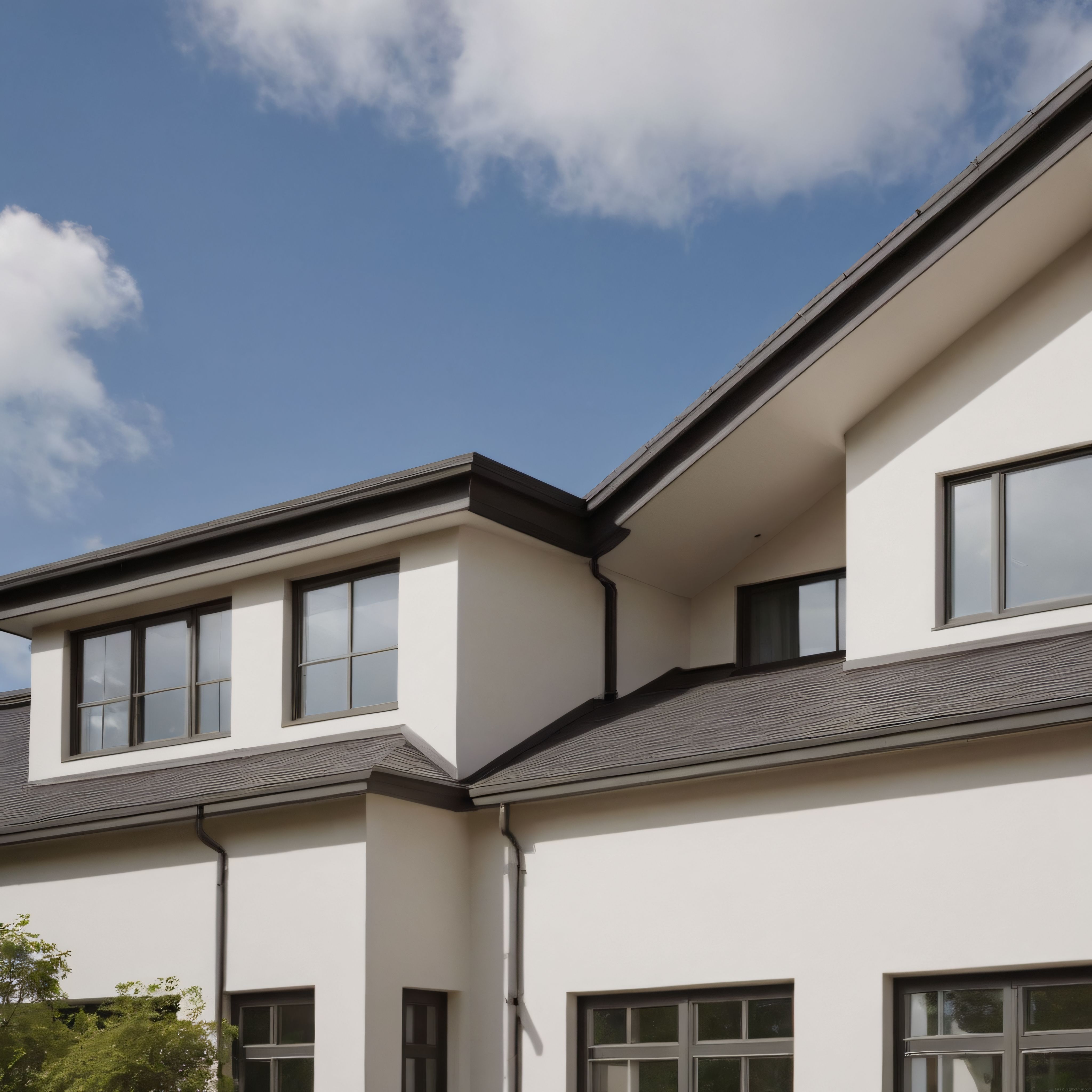 modern mimari ve keskin çatı hatlarıyla mavi gökyüzü altında sade beyaz villa