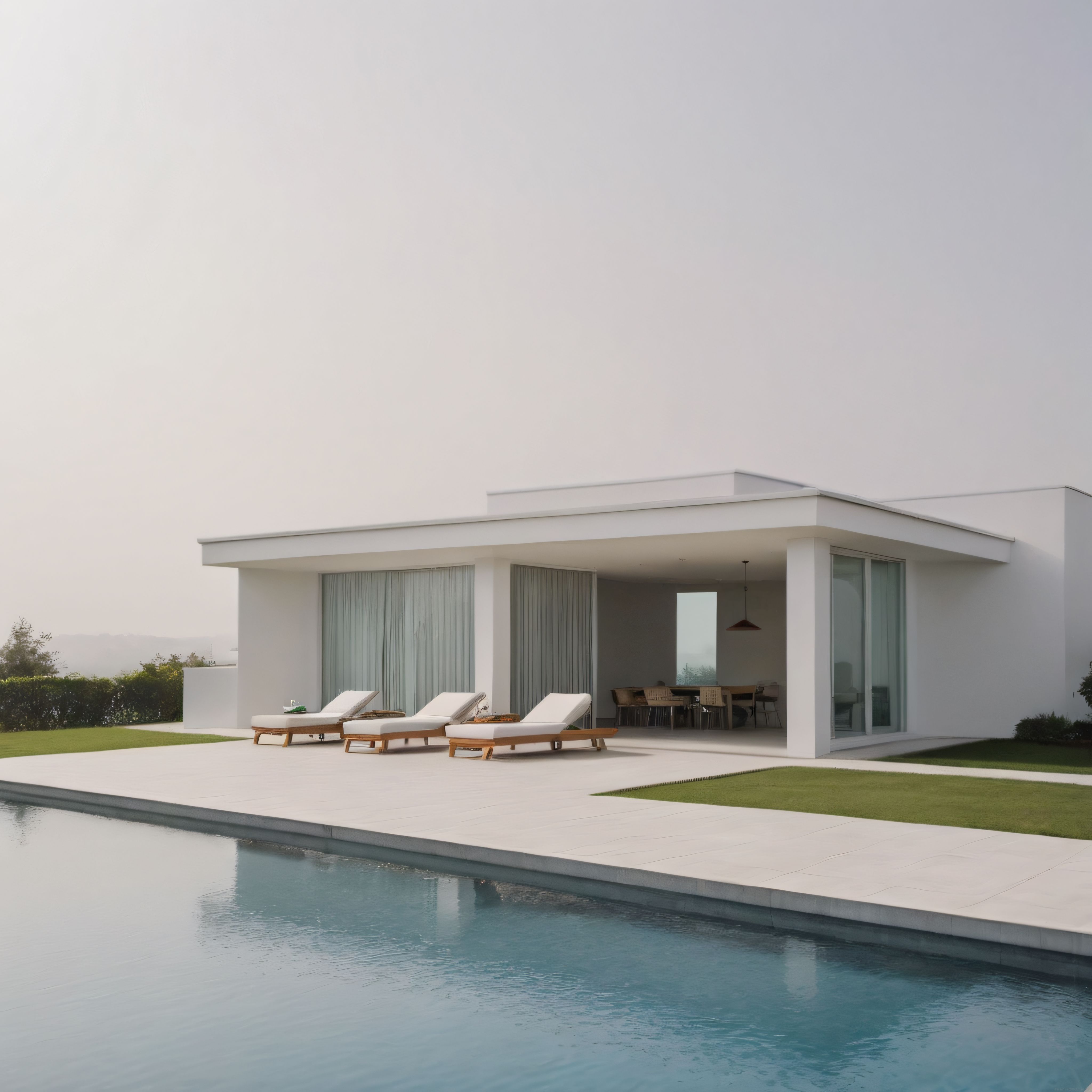 modern mimari ve sonsuz havuz: sisli havada lüks beyaz villa manzarası