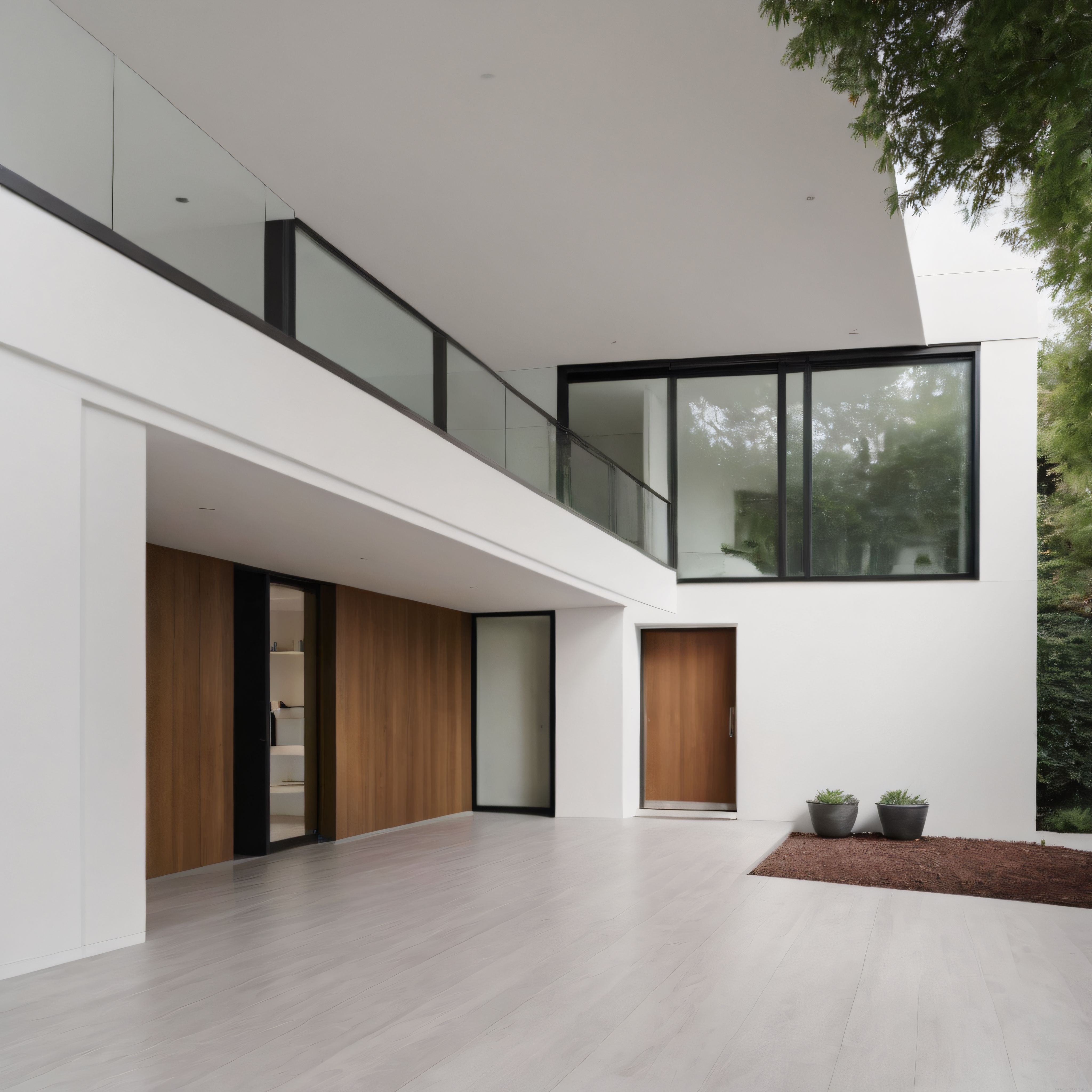 Modern mimari villa dış cephesi, geniş cam pencereler ve ahşap duvar panelleri