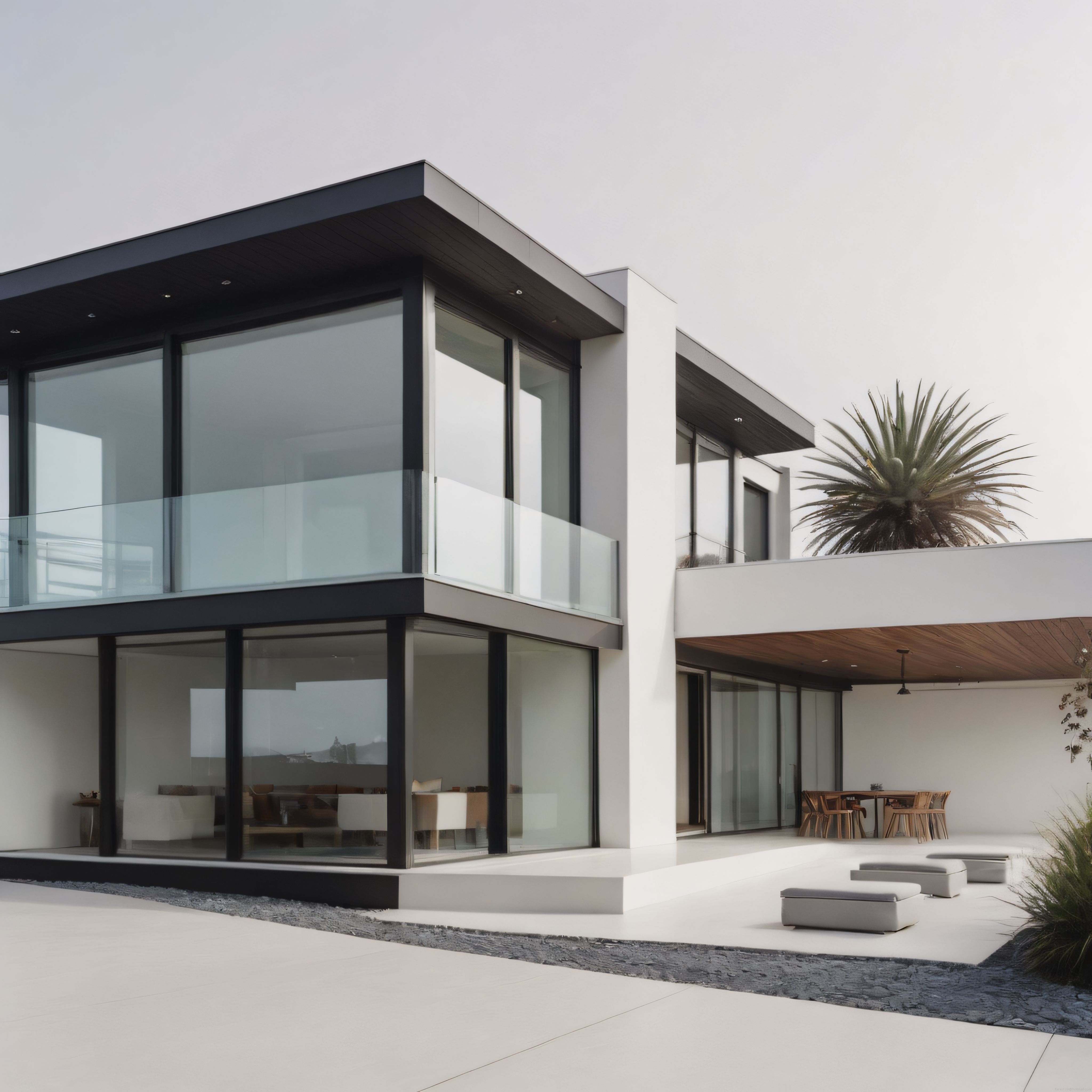 Modern mimari villa dış cephesi ve geniş cam yüzeyli lüks konut tasarımı