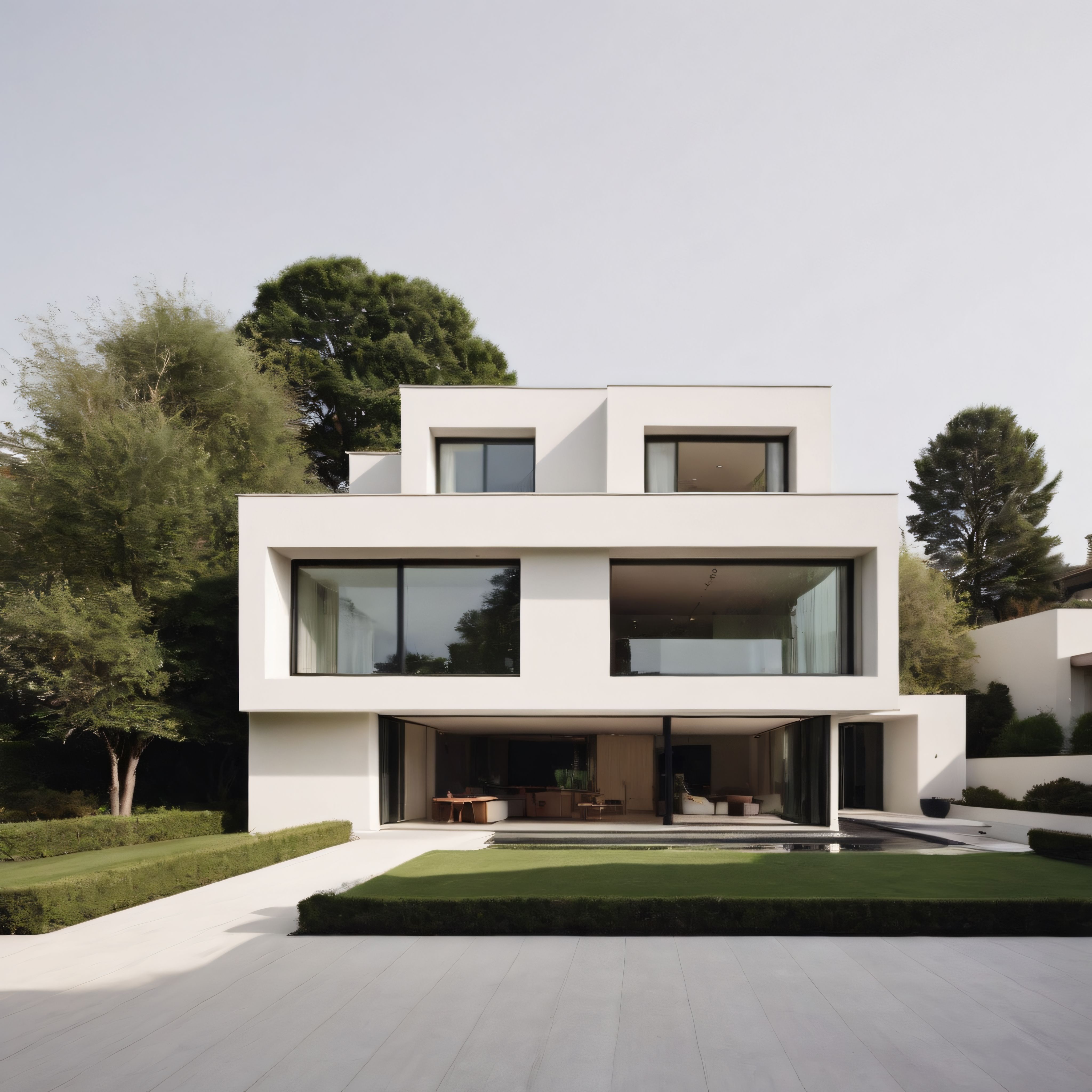 Modern mimari villa, yeşil bahçe ve geniş cam cepheleriyle sade şıklık sunuyor