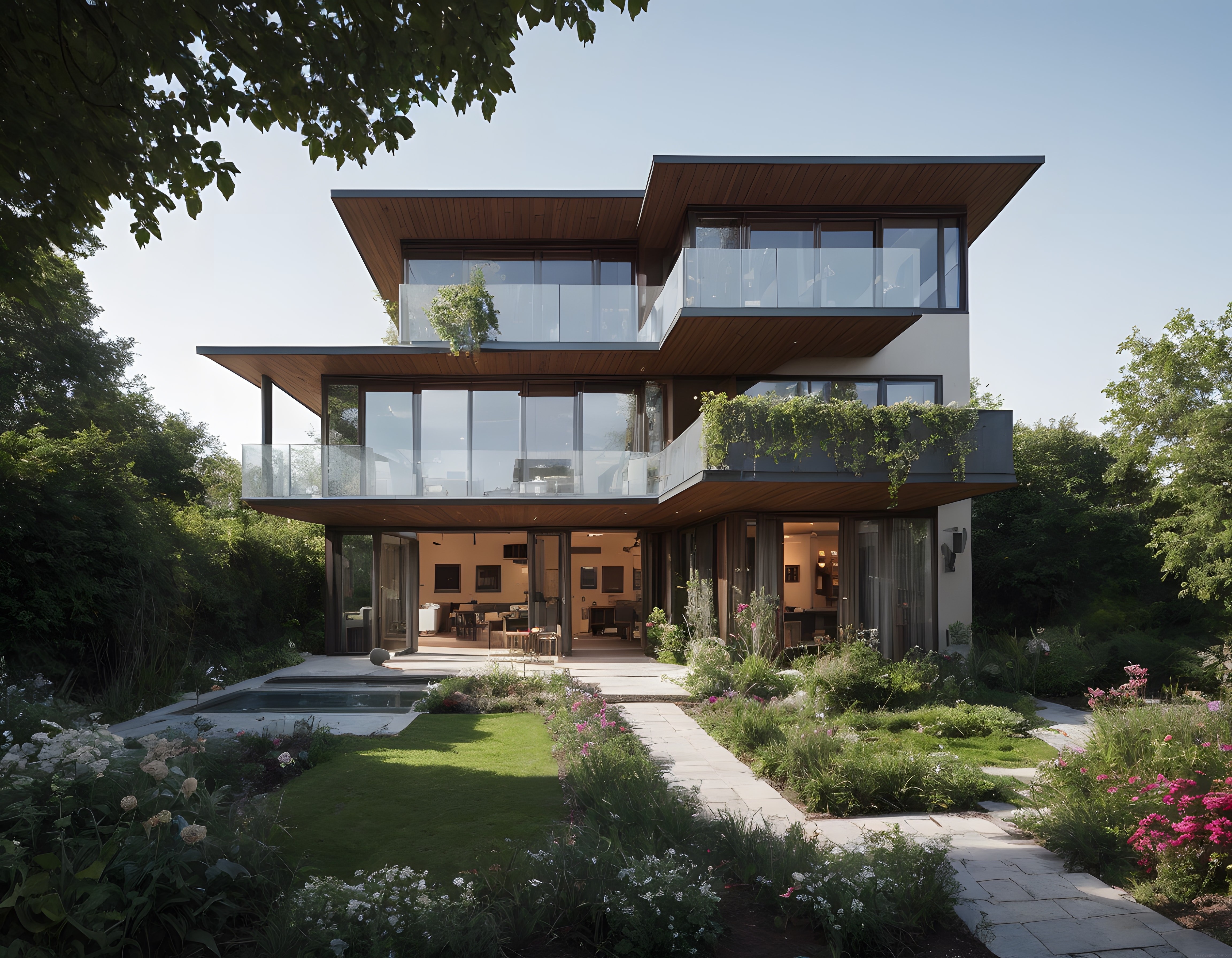Modern Mimari, Yeşilliklerle Çevrili Lüks Cam Cepheli Villa ve Peyzajı