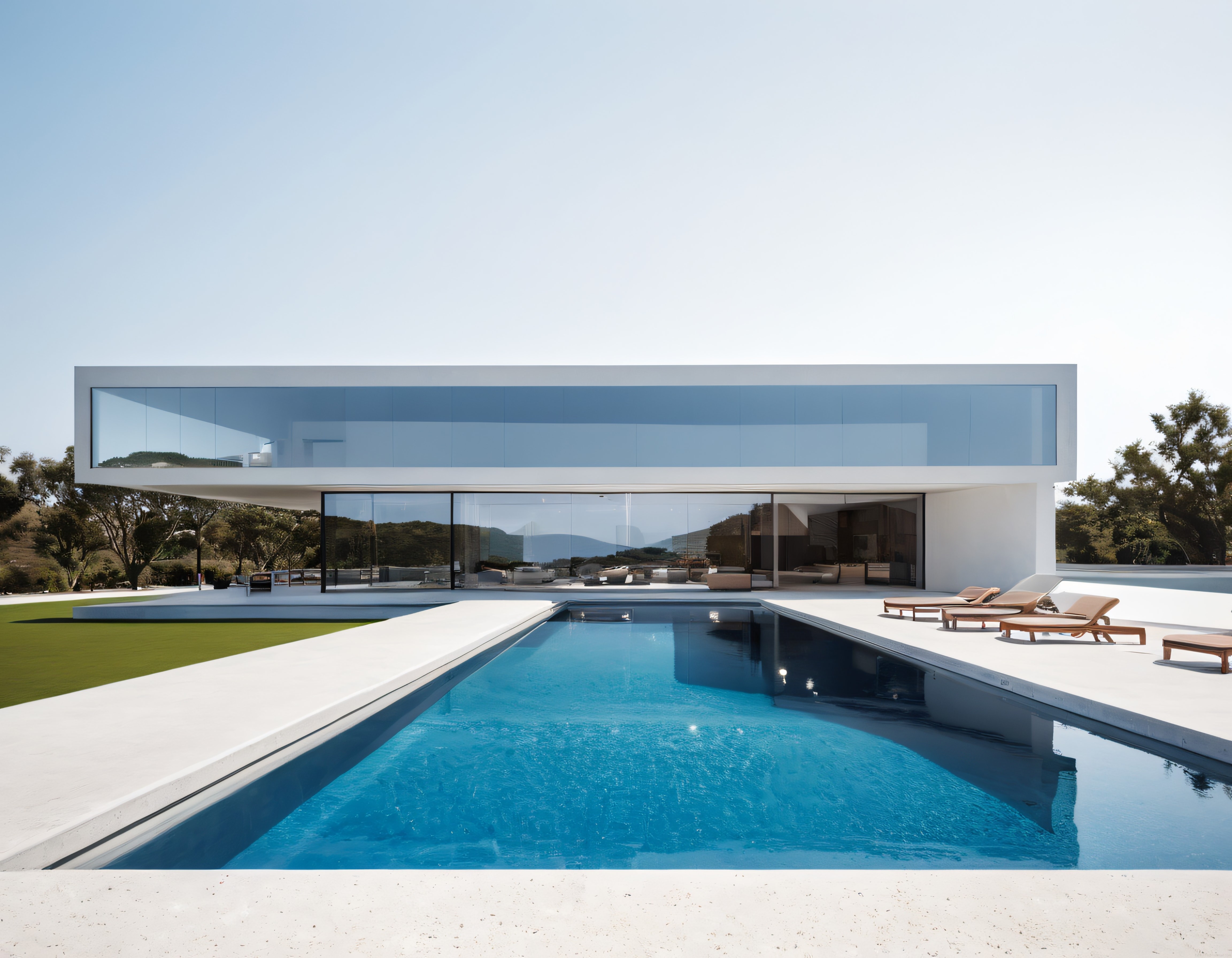Modern Mimari Yüzme Havuzlu Beyaz Lüks Villa ve Sonsuz Havuz Manzarası