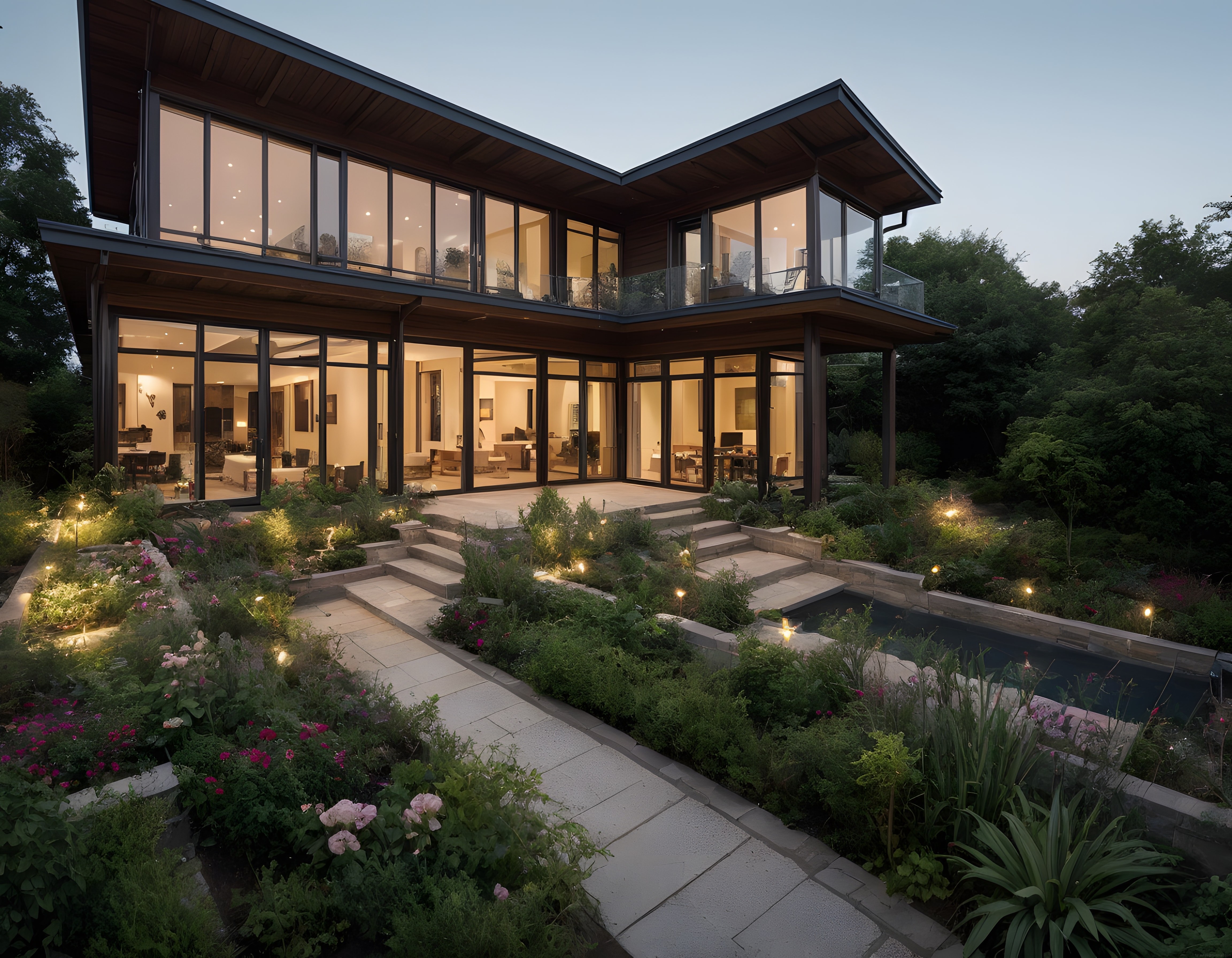 Modern Mimarili Lüks Villa, Akşam Loş Işığında Cam Cephe ve Bahçe Havuzu