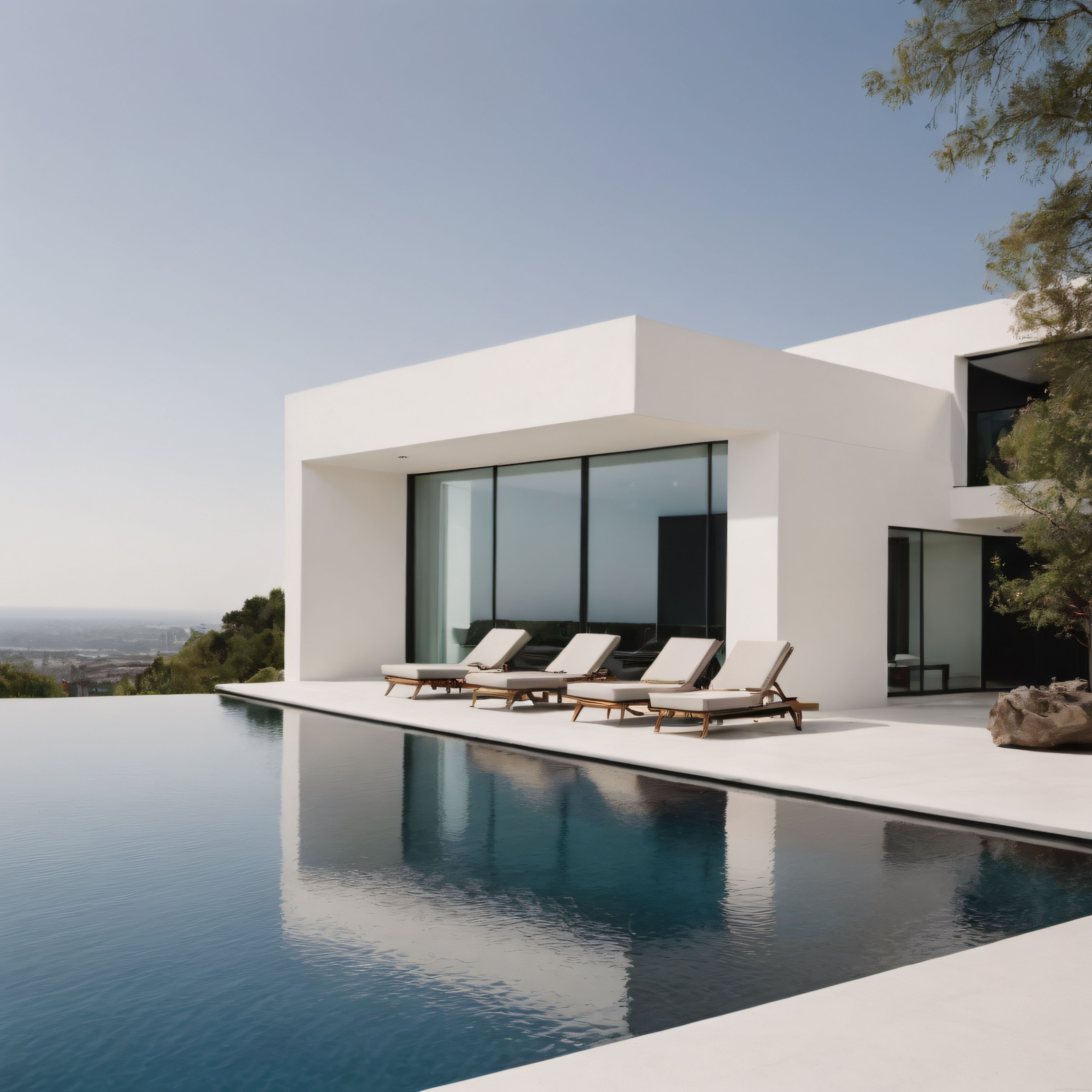 Modern mimariye sahip lüks beyaz villa ve sonsuzluk havuzu manzarası