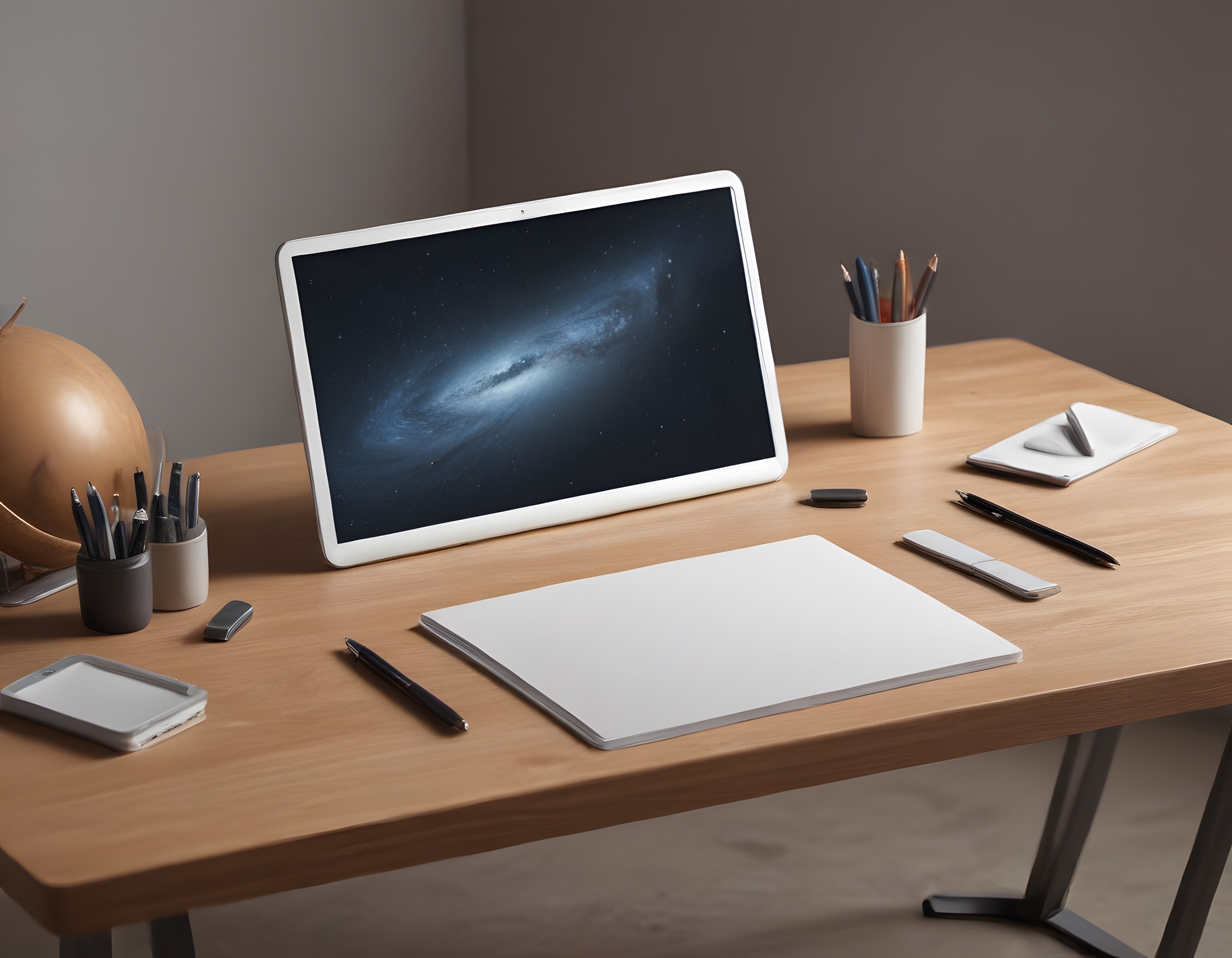 Modern Minimalist Ahşap Masa ve Tablet ile Düzenli Çalışma Alanı