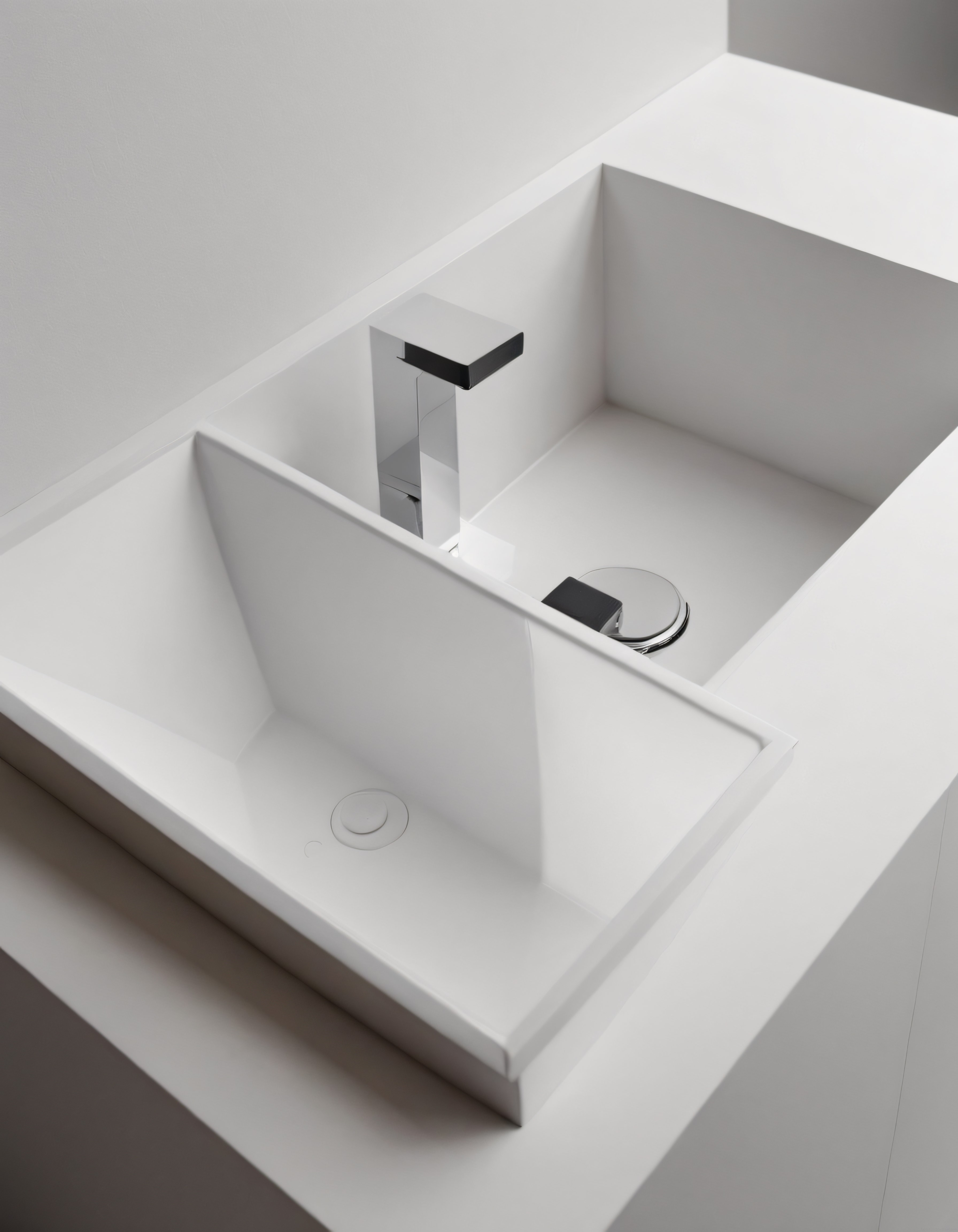 Modern minimalist beyaz banyo tezgahı ve kare form krom musluk detayı