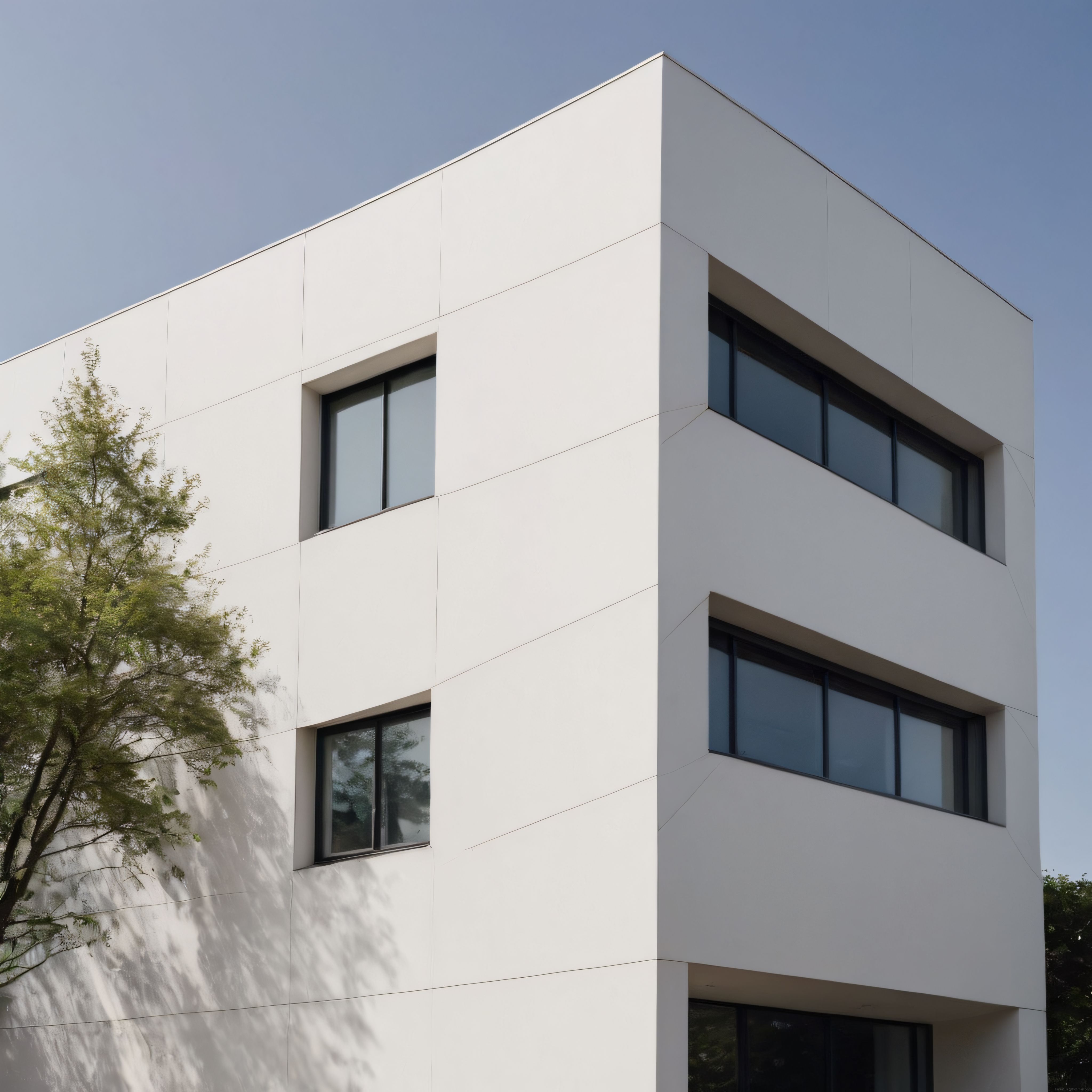 Modern Minimalist Beyaz Bina ve Mavi Gökyüzü Altında Geometrik Cephe Tasarımı