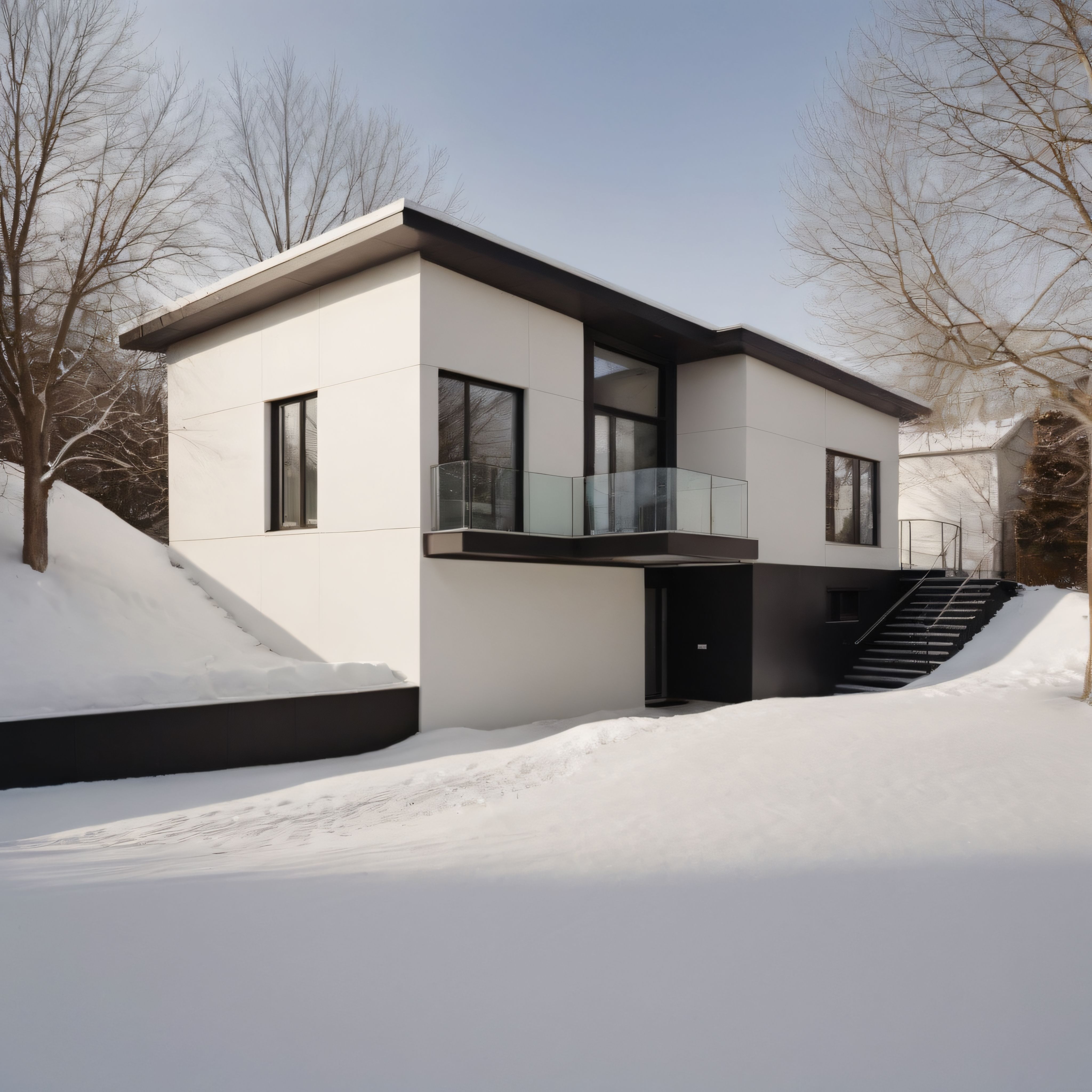 modern minimalist beyaz ev karlı arazide cam balkon ve kış manzarası