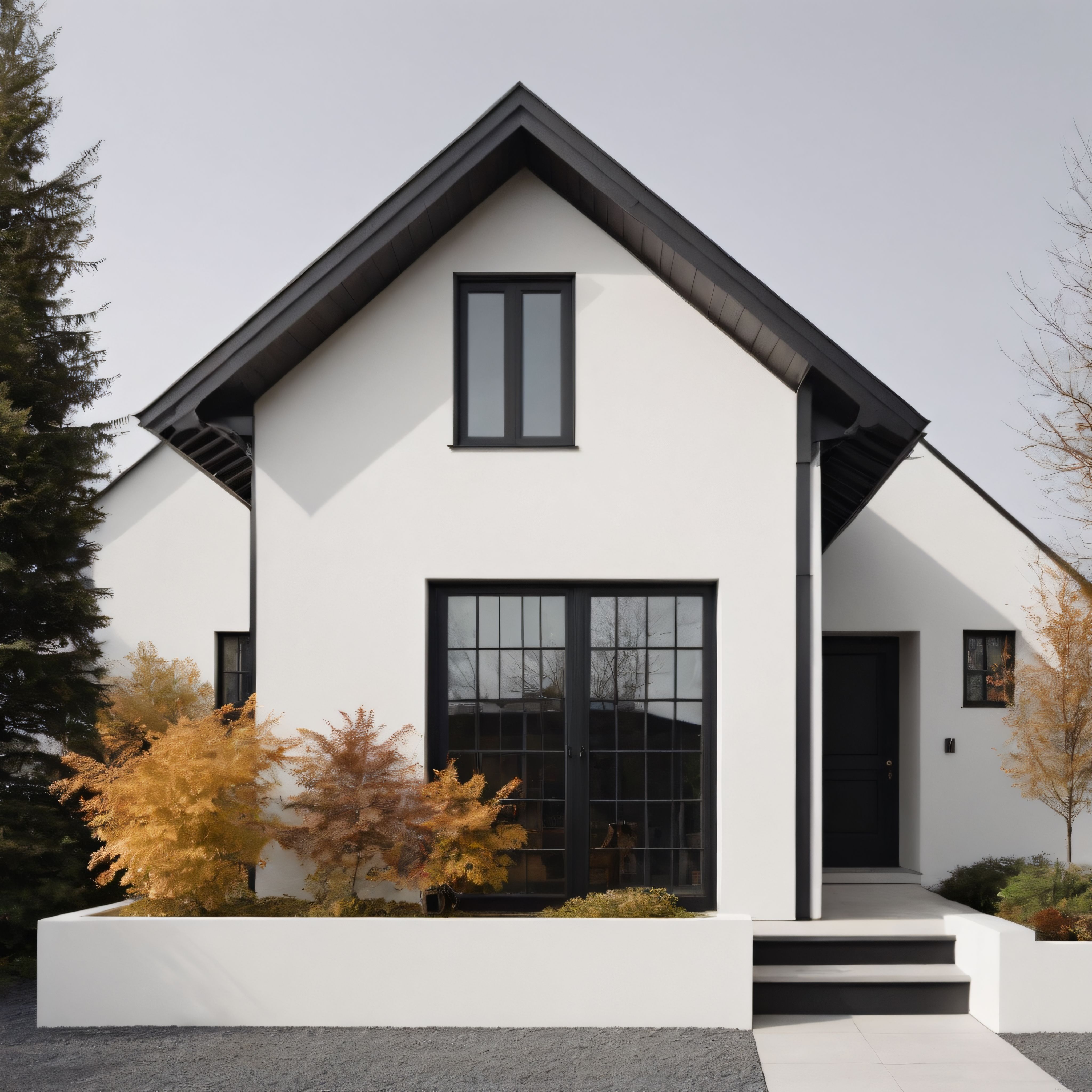 Modern Minimalist Beyaz Ev: Siyah Çerçeve Detayları ve Sonbahar Atmosferi