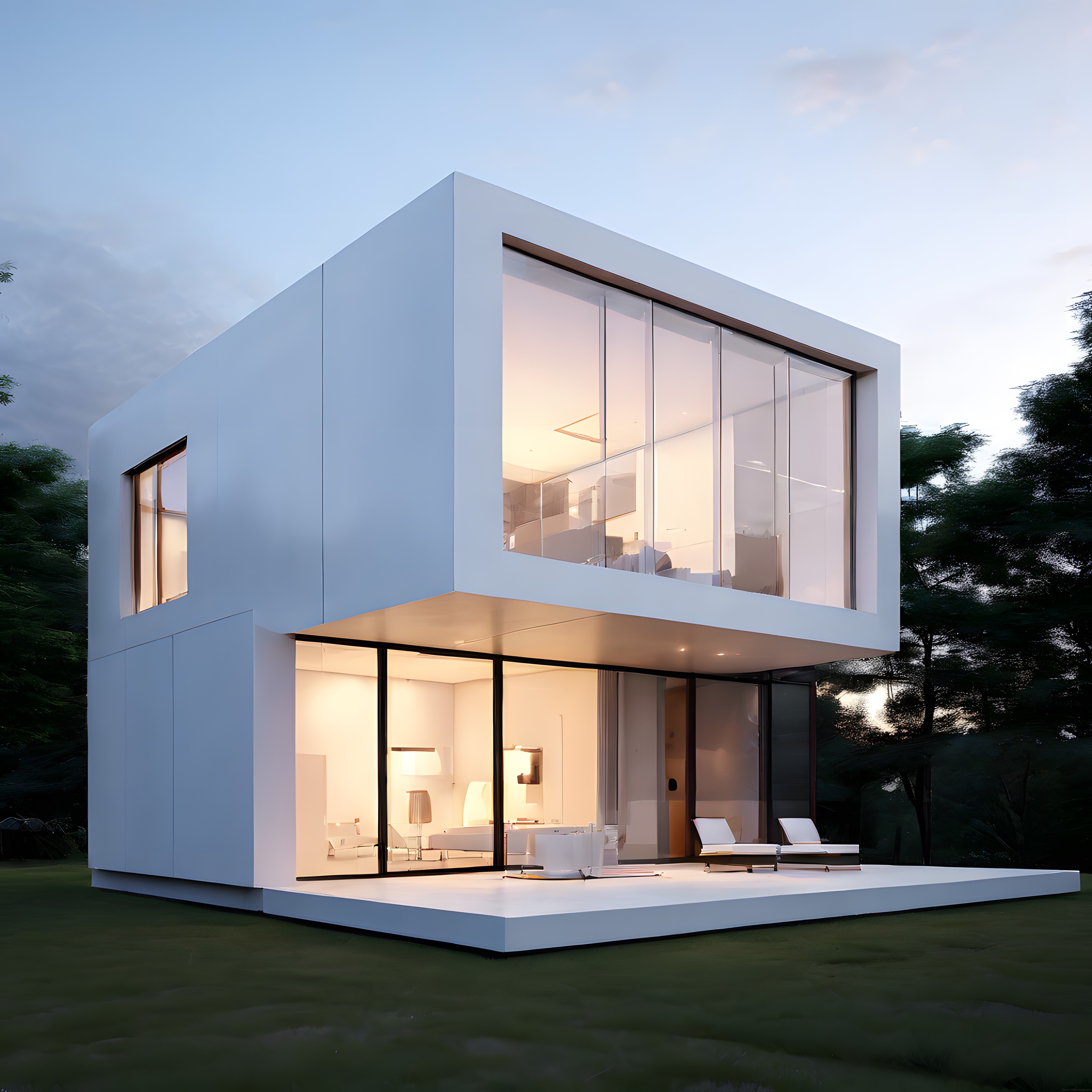 Modern Minimalist Beyaz Kübik Ev: Gün Batımında Cam Cepheler ve Doğa Manzarası