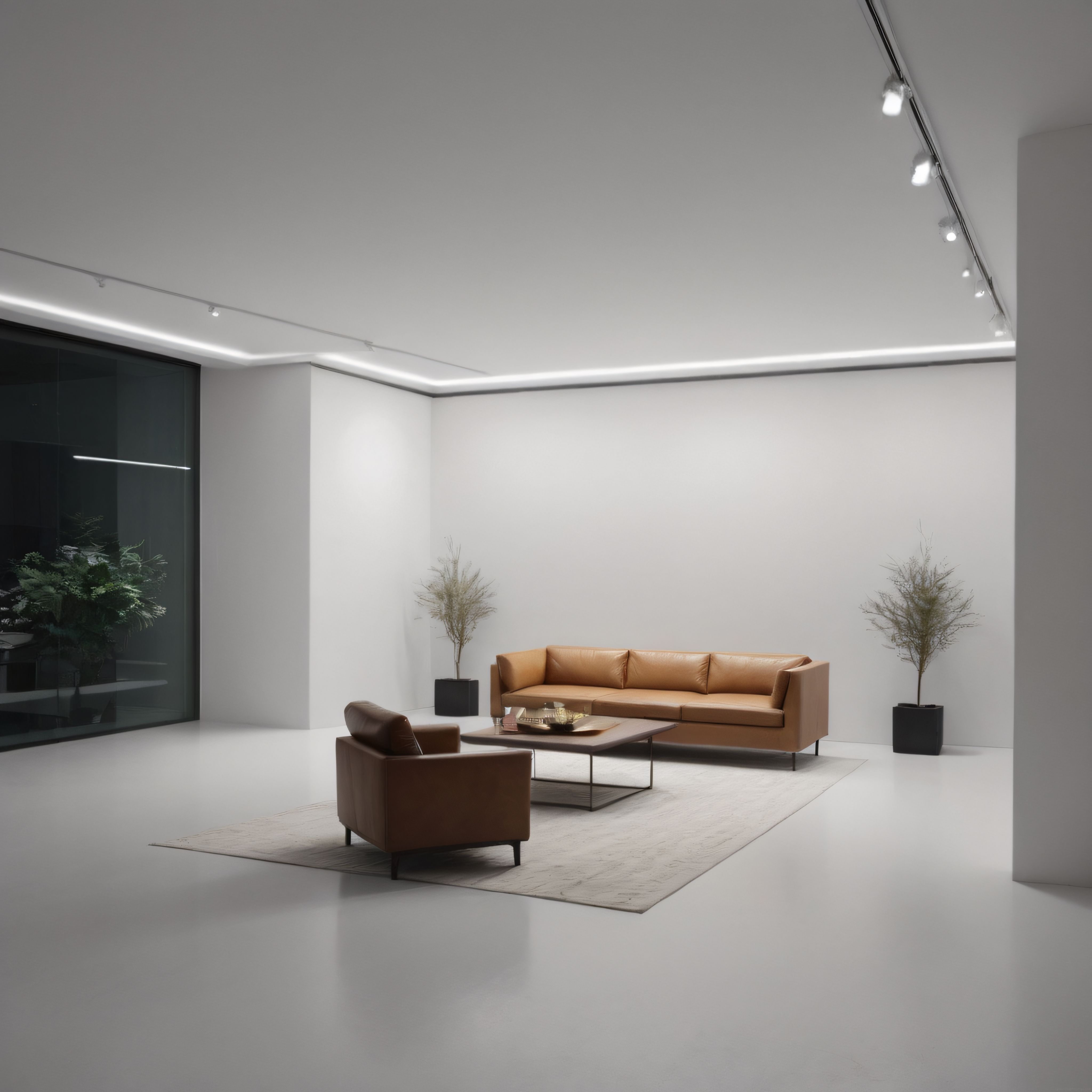 Modern Minimalist Beyaz Salon Dekorasyonu, Deri Koltuk ve Cam Duvar