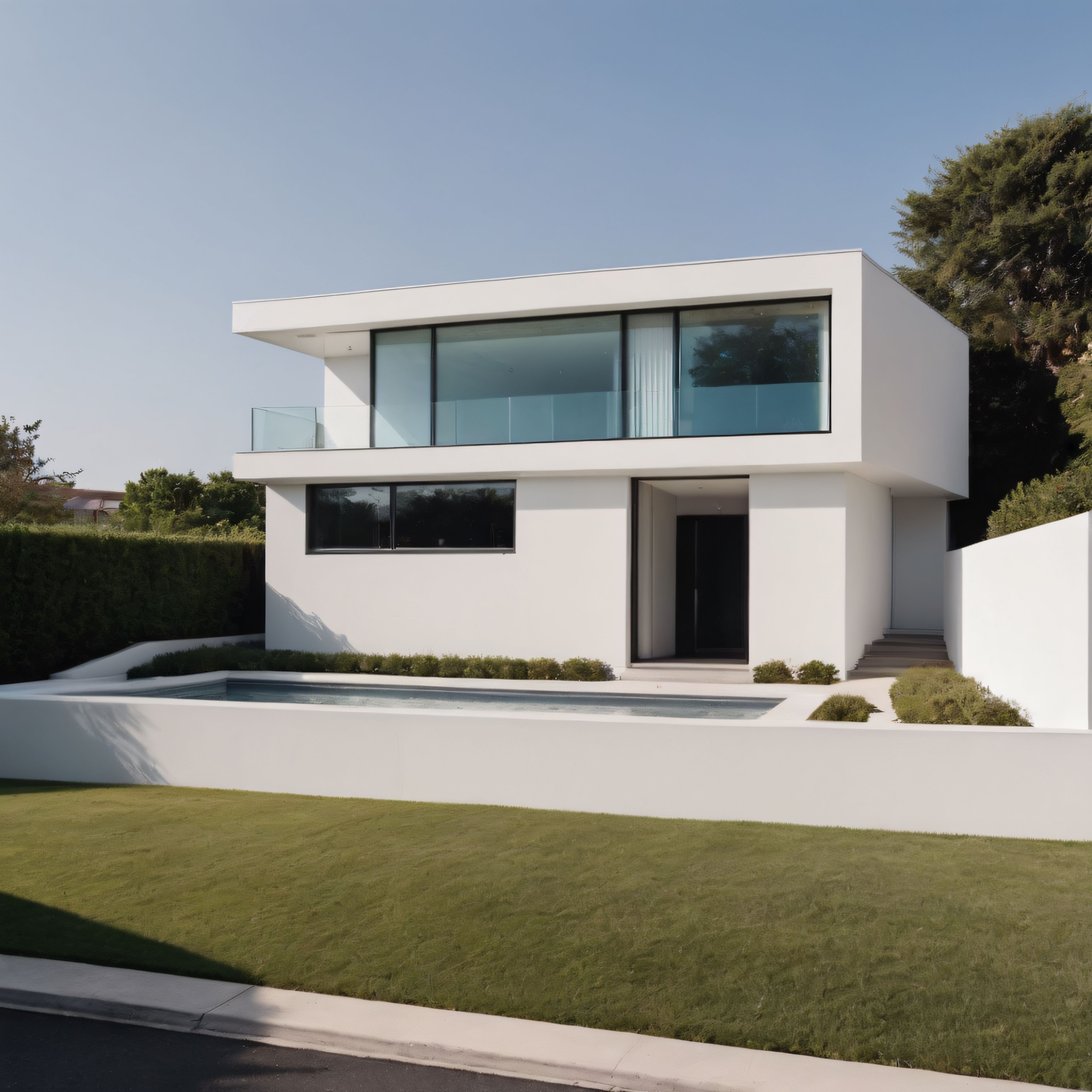 Modern minimalist beyaz villa, havuzlu bahçeli ve geniş cam cepheli lüks konut