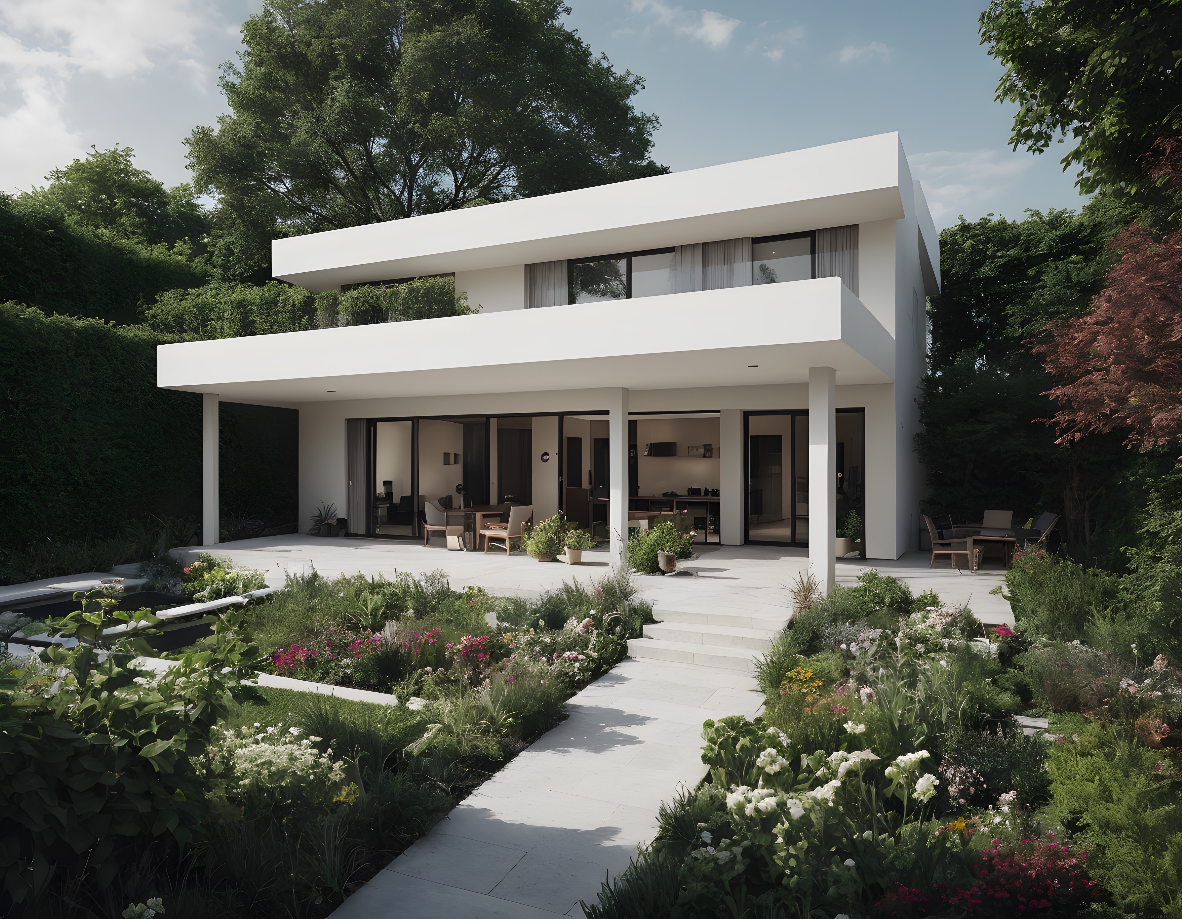 Modern minimalist beyaz villa ve çevresi yemyeşil doğal bir bahçe ile kaplı