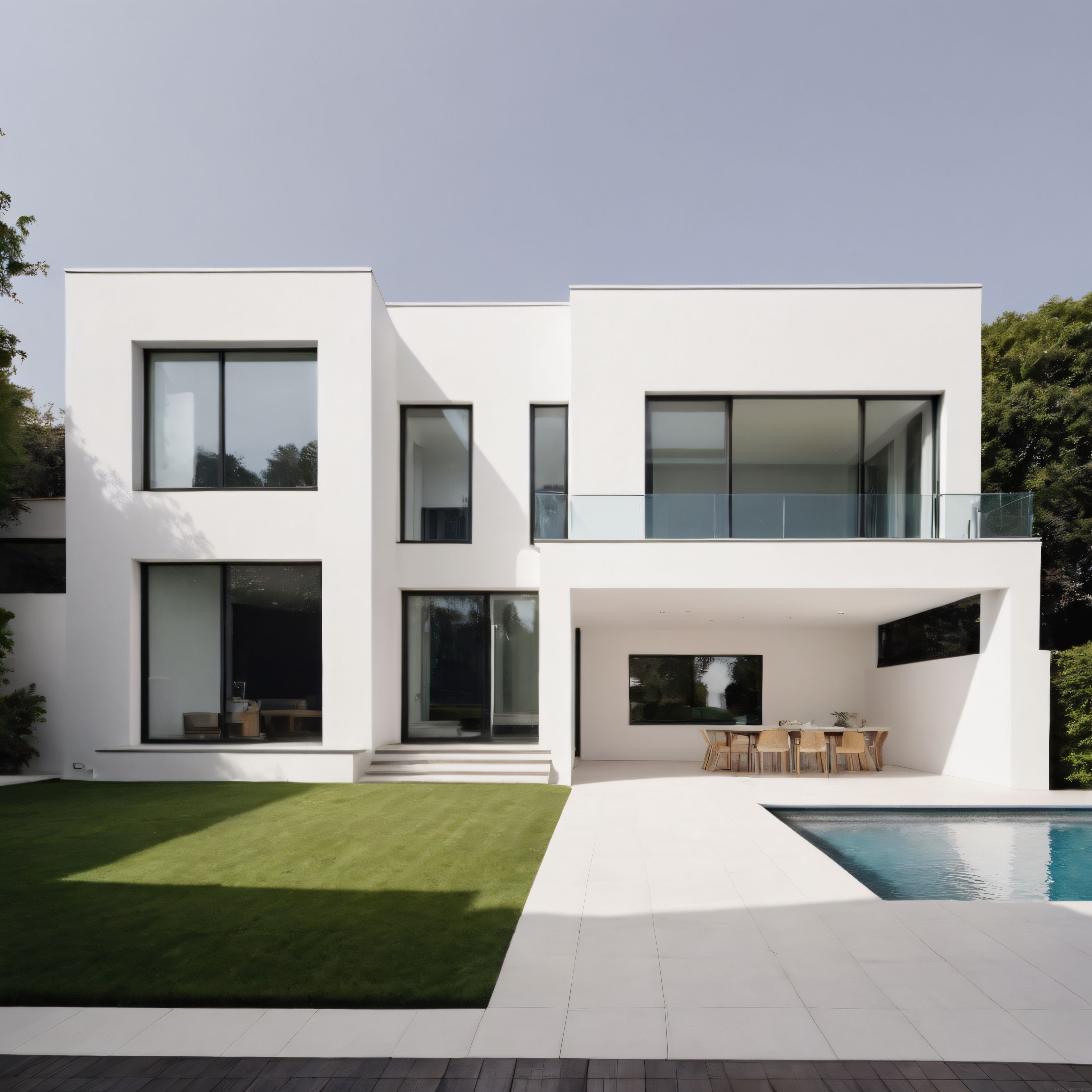 Modern Minimalist Beyaz Villa ve Yüzme Havuzlu Lüks Bahçe Tasarımı