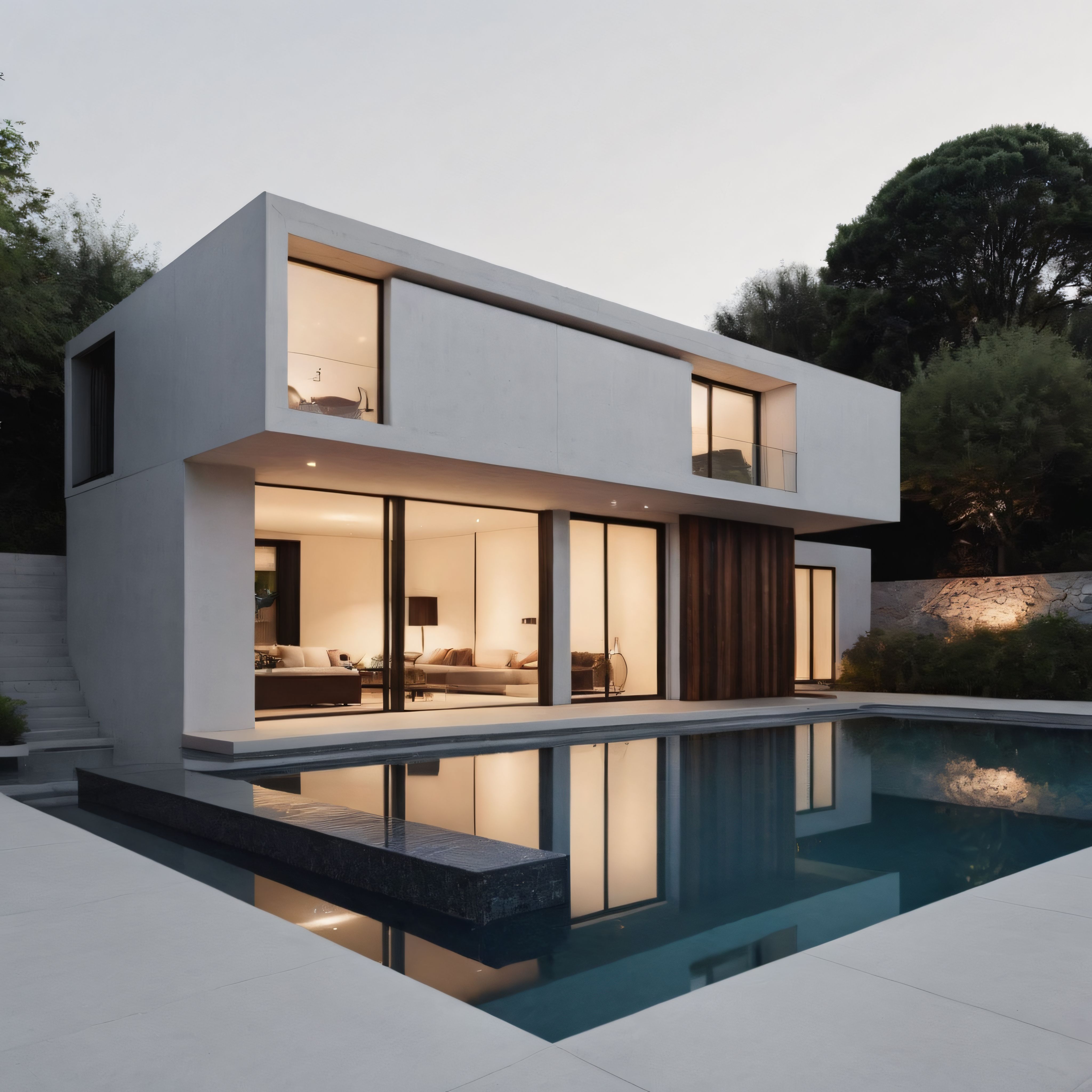 Modern Minimalist Beyaz Villanın Havuz Yansımalı Akşam Atmosferi