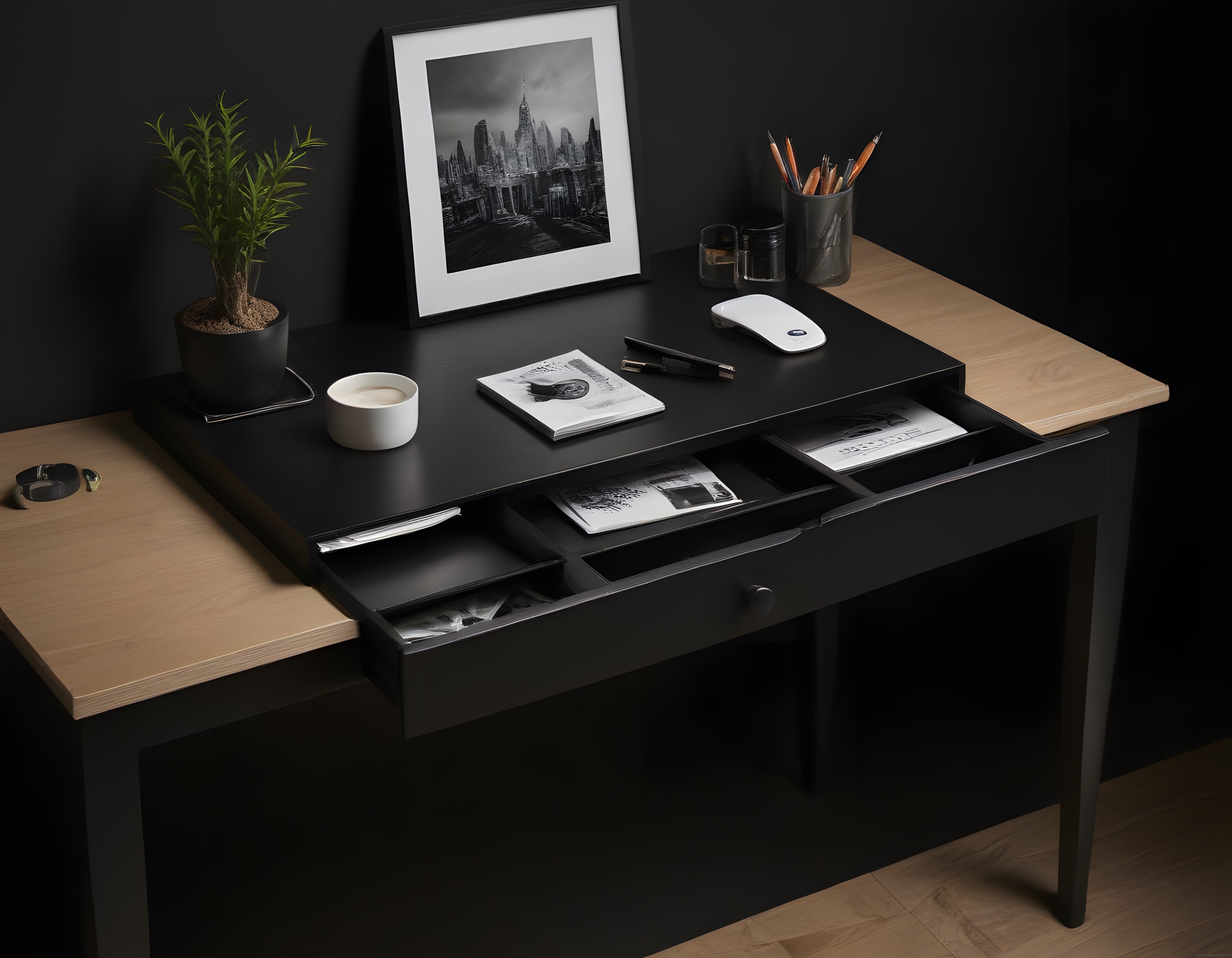 Modern minimalist çalışma alanı düzeni ve siyah beyaz şehir manzaralı çerçeve