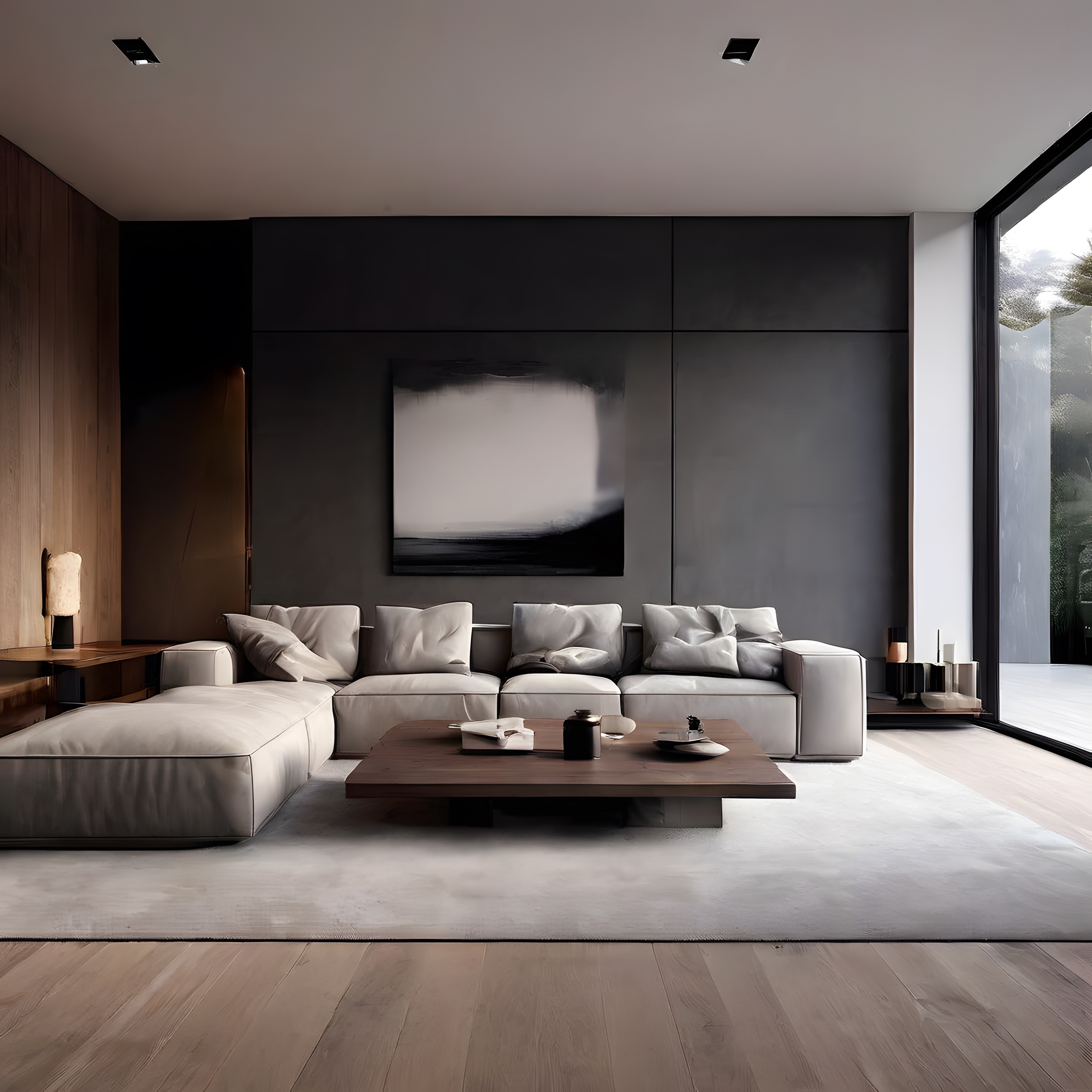 Modern minimalist çizgileriyle sade lüksü yansıtan şık bir oturma odası dekoru