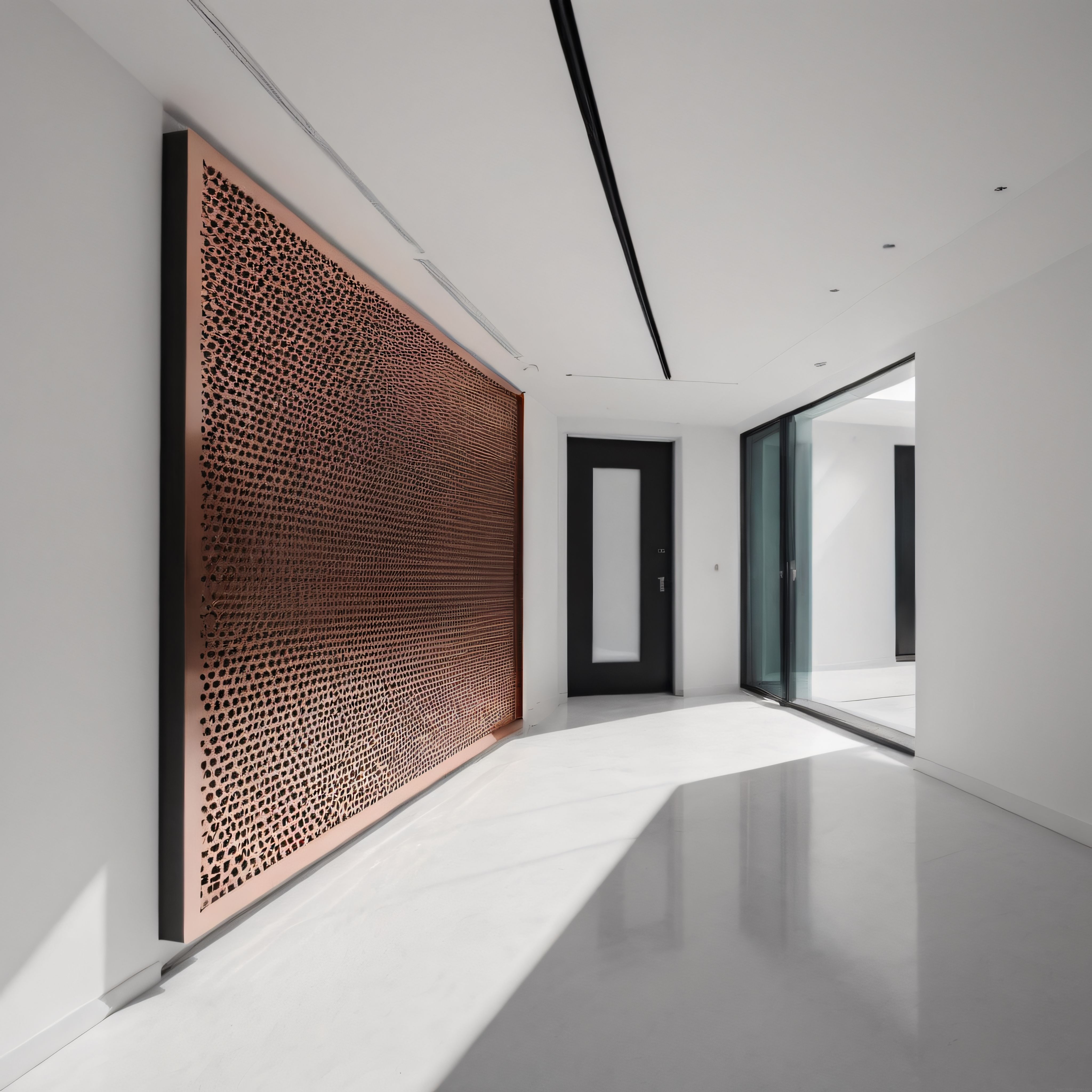 Modern Minimalist İç Mekanda Bakır Dokulu Duvar Sanatı ve Cam Detaylar