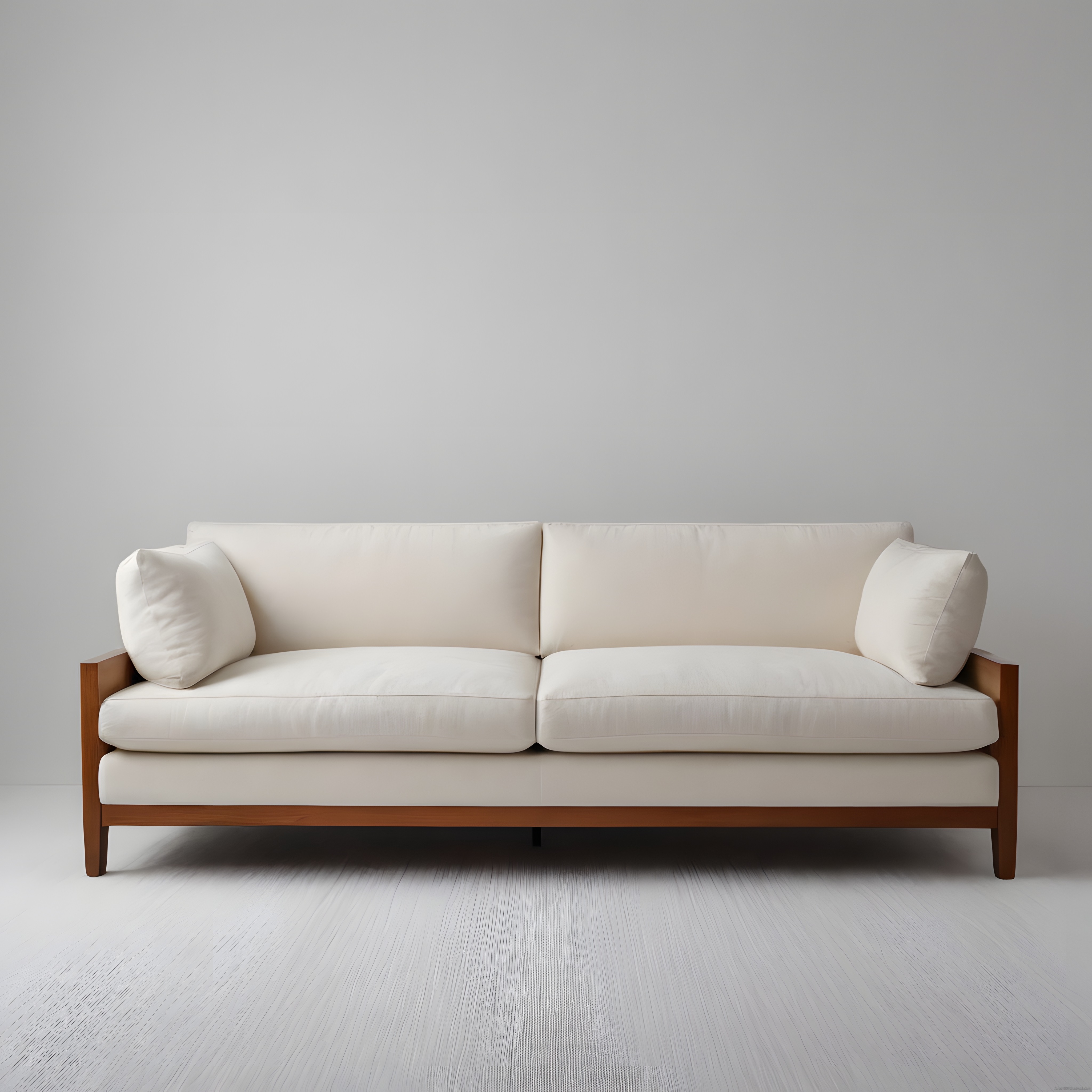 Modern Minimalist Krem Rengi Ahşap Çerçeveli Kanepe ve Beyaz Duvar Arkaplanı