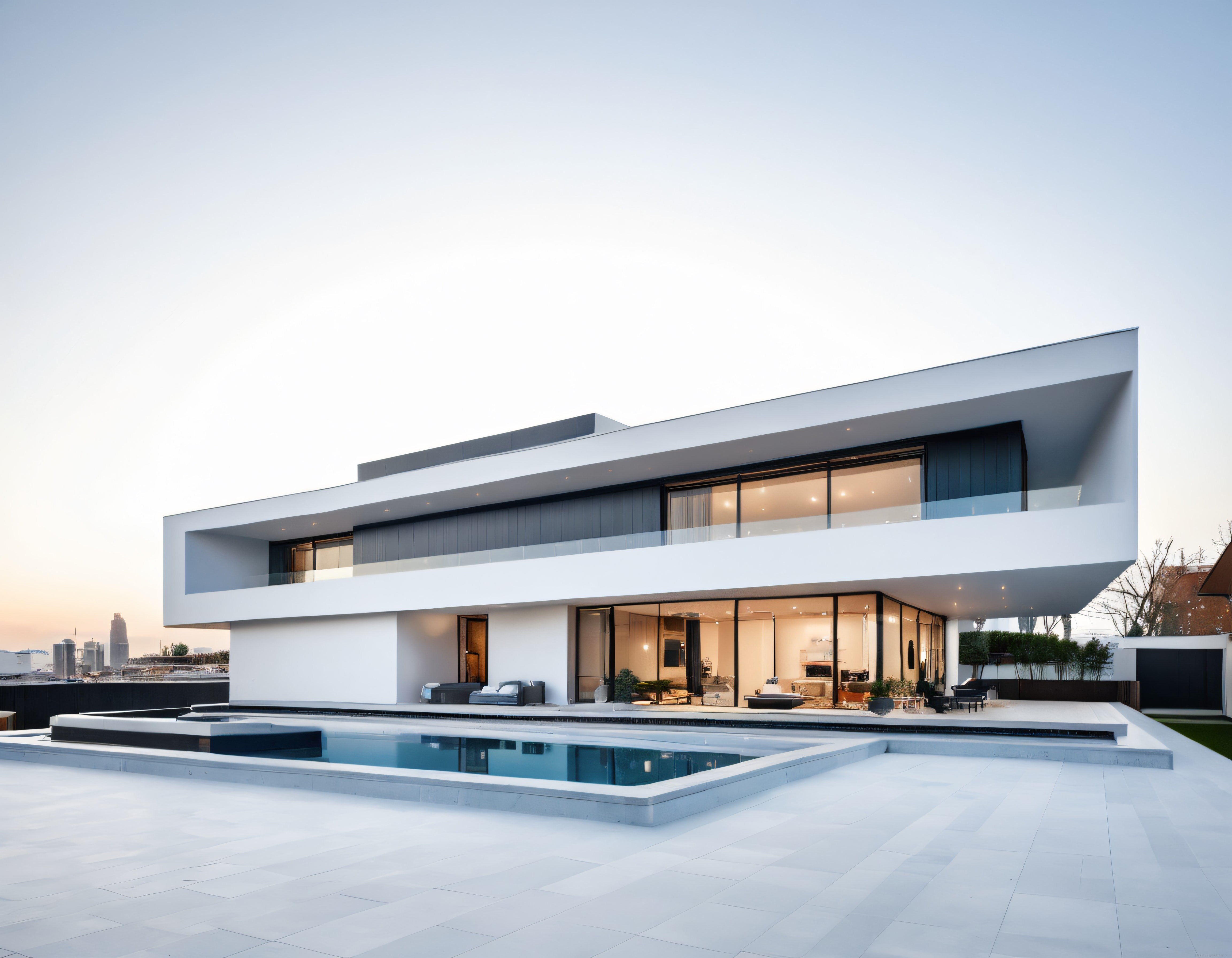 Modern Minimalist Lüks Villa: Havuzlu Beyaz Cephe ve Gün Batımı Şehir Manzarası