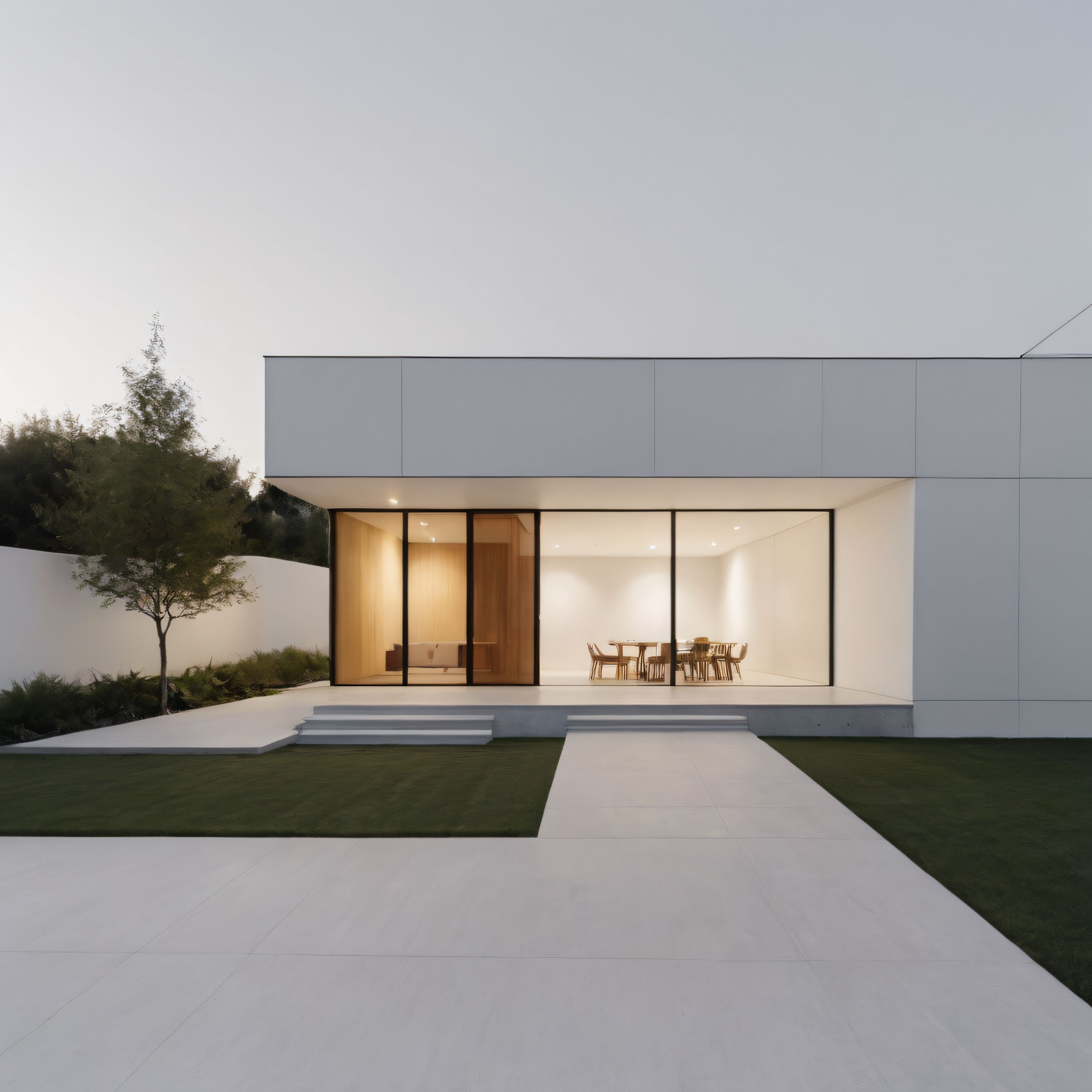 Modern Minimalist Mimari: Geniş Cam Yüzeyli Lüks Villa ve Sade Peyzaj Tasarımı