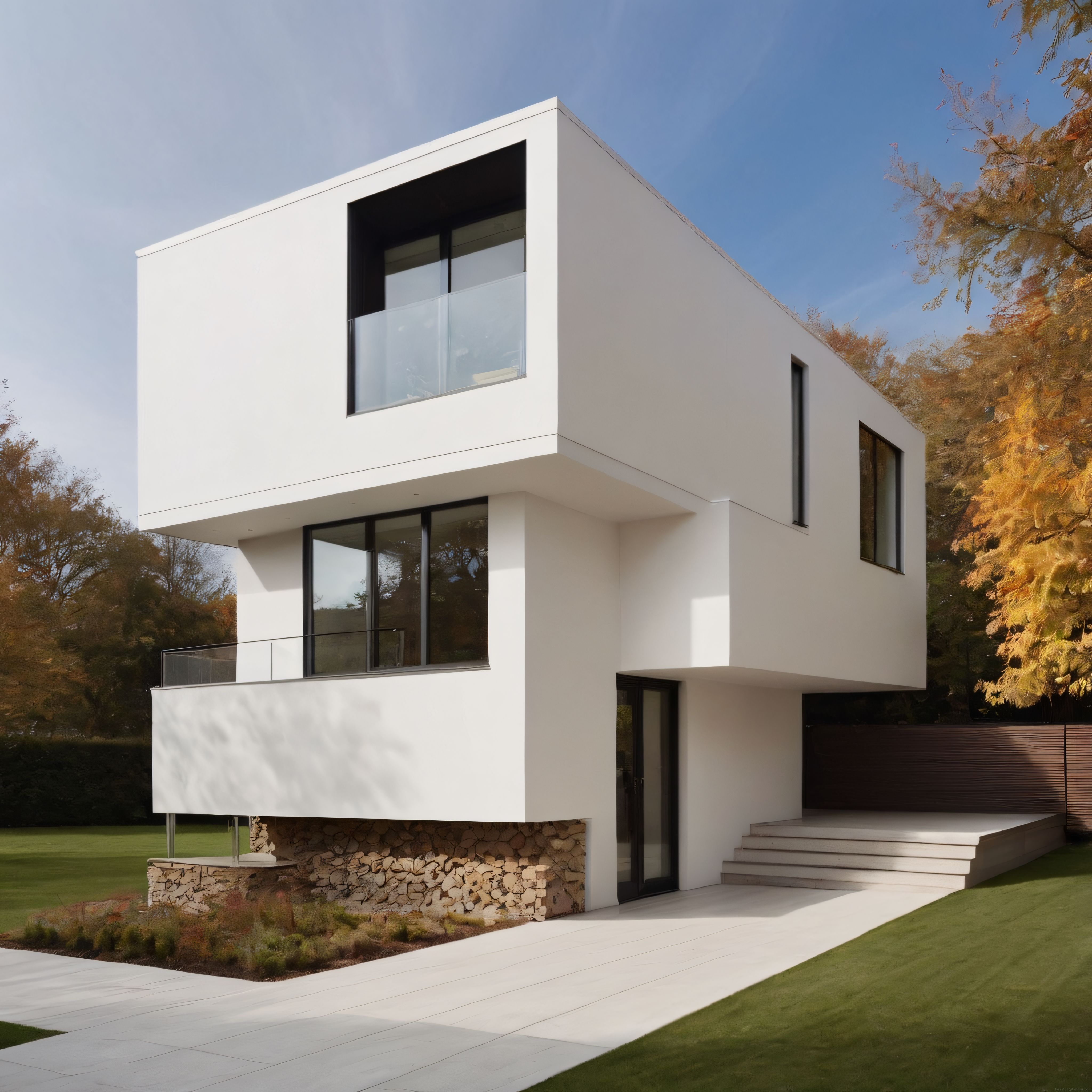 Modern Minimalist Mimari Örneği: Sonbahar Doğasındaki Beyaz Betonarme Villa