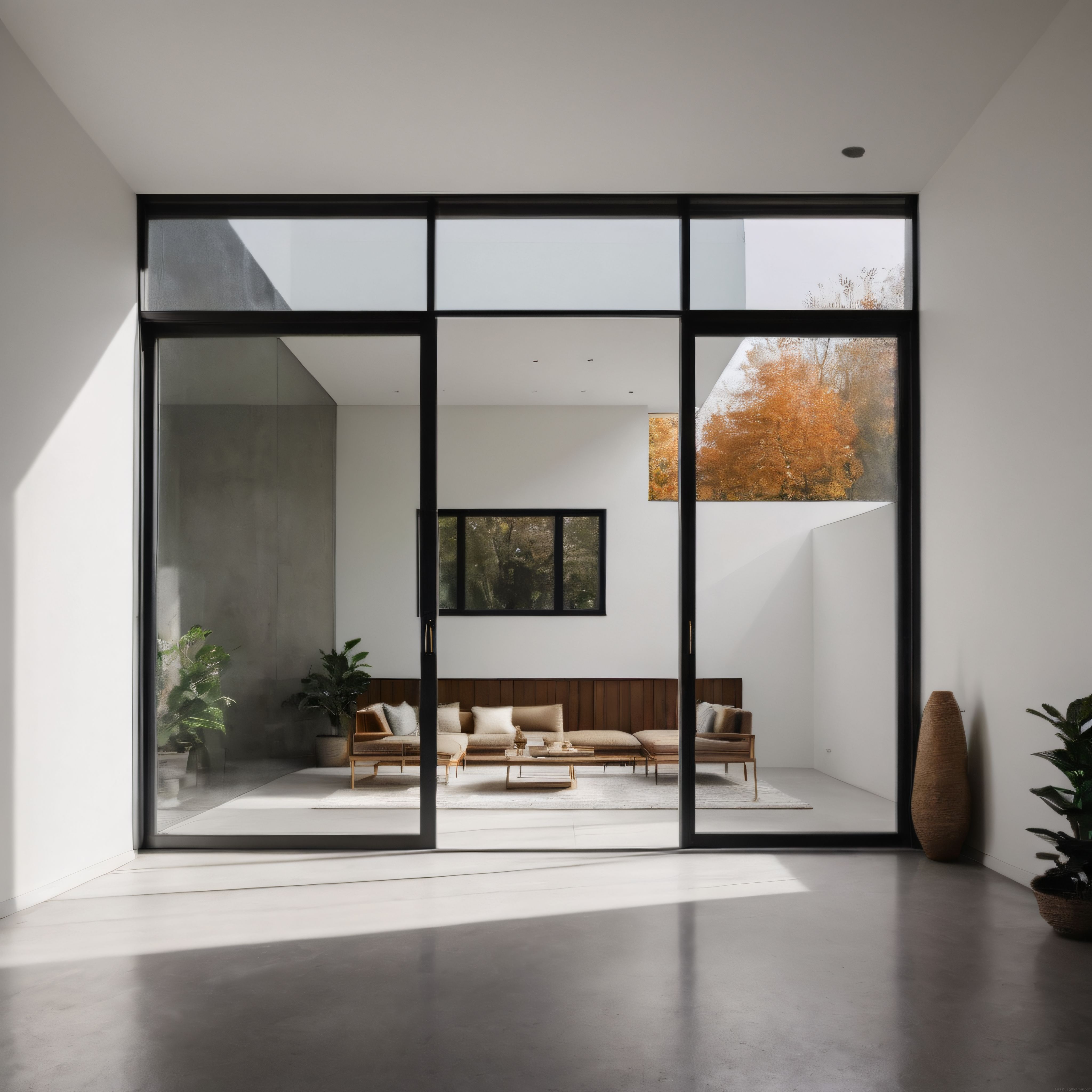 Modern minimalist oturma odası sonbahar manzarası ve geniş cam cephe detayları