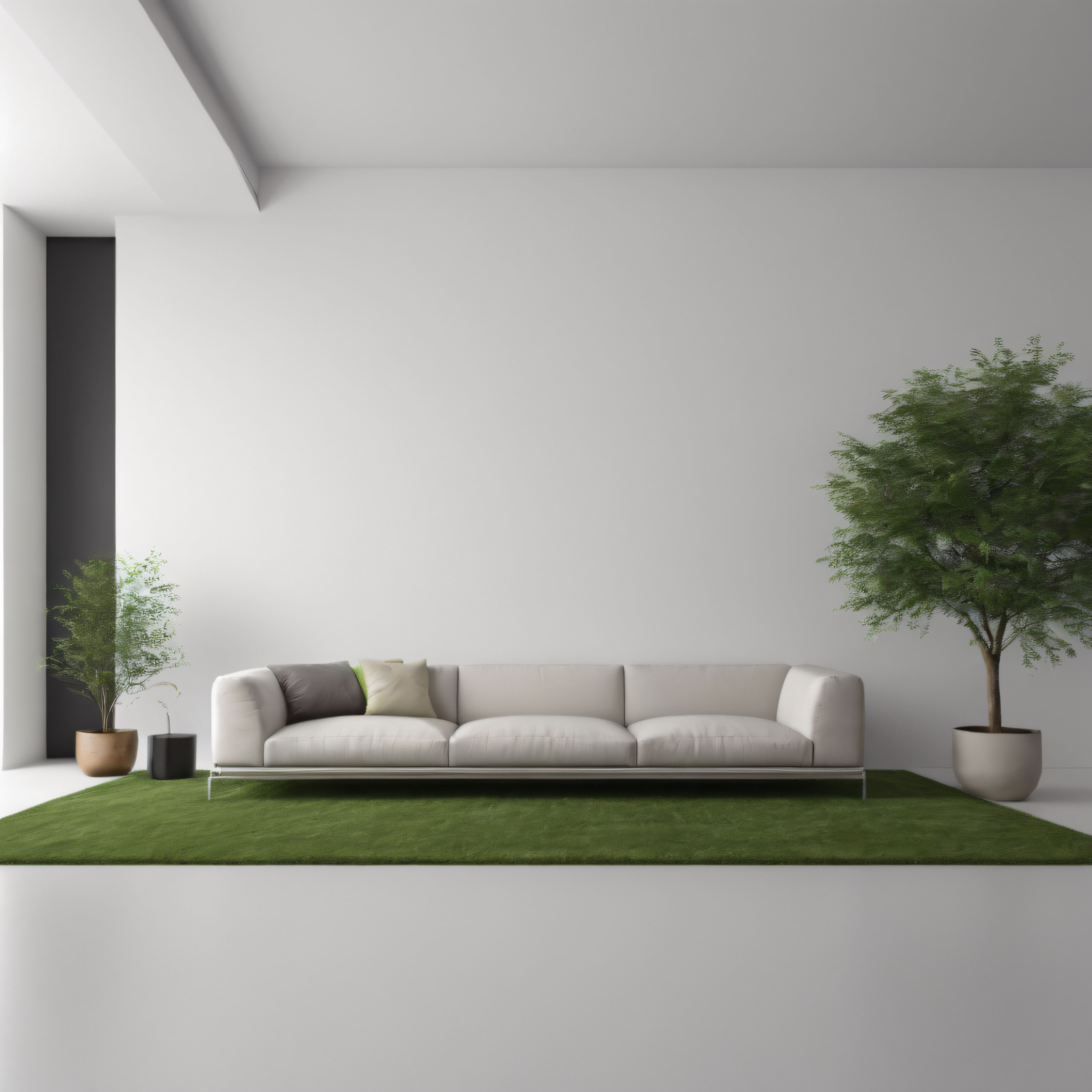 Modern Minimalist Salon Dekorasyonu: Beyaz Kanepe ve Yeşil Halı Uyumu