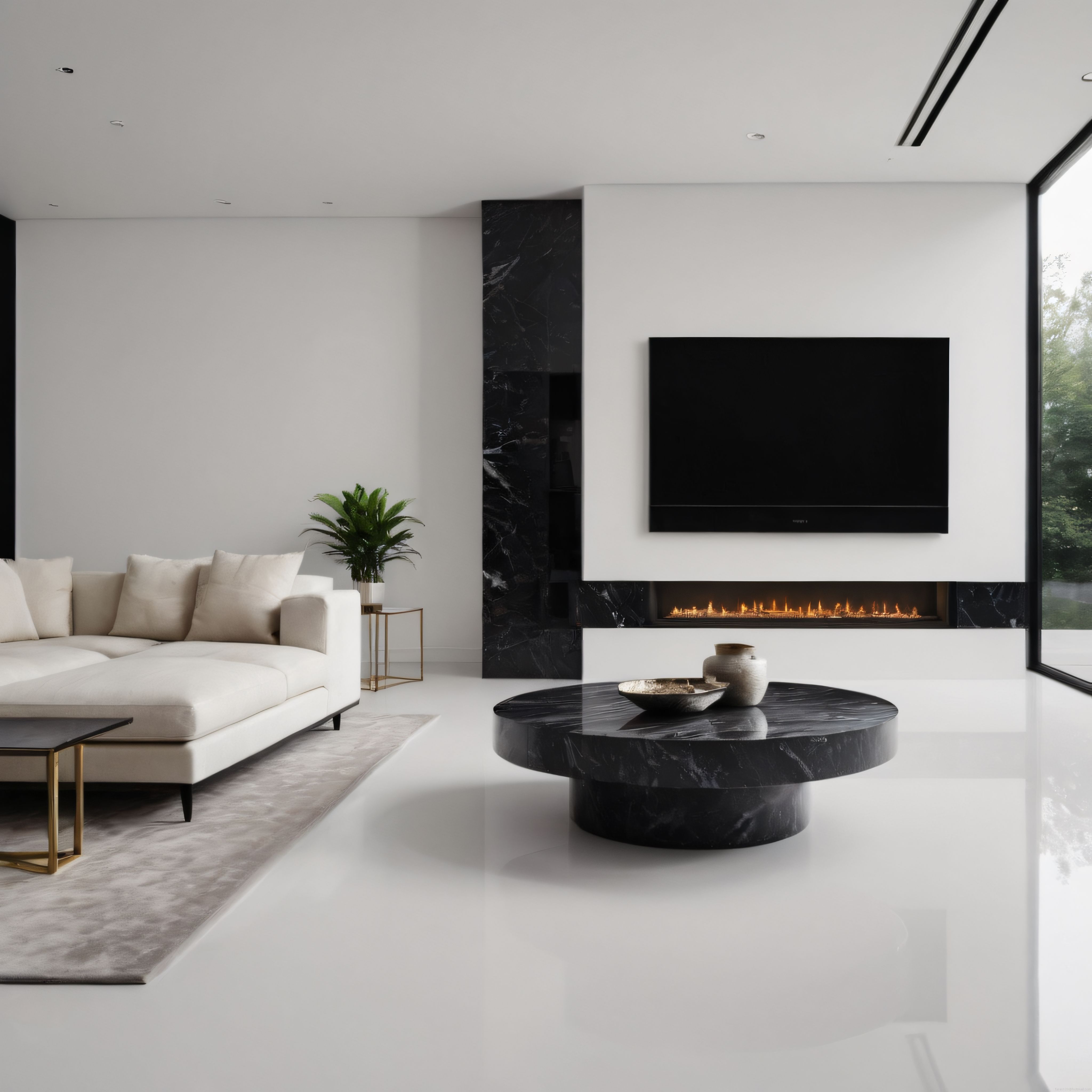 Modern minimalist salon dekorasyonu, siyah mermer şömine ve lüks mobilyalar