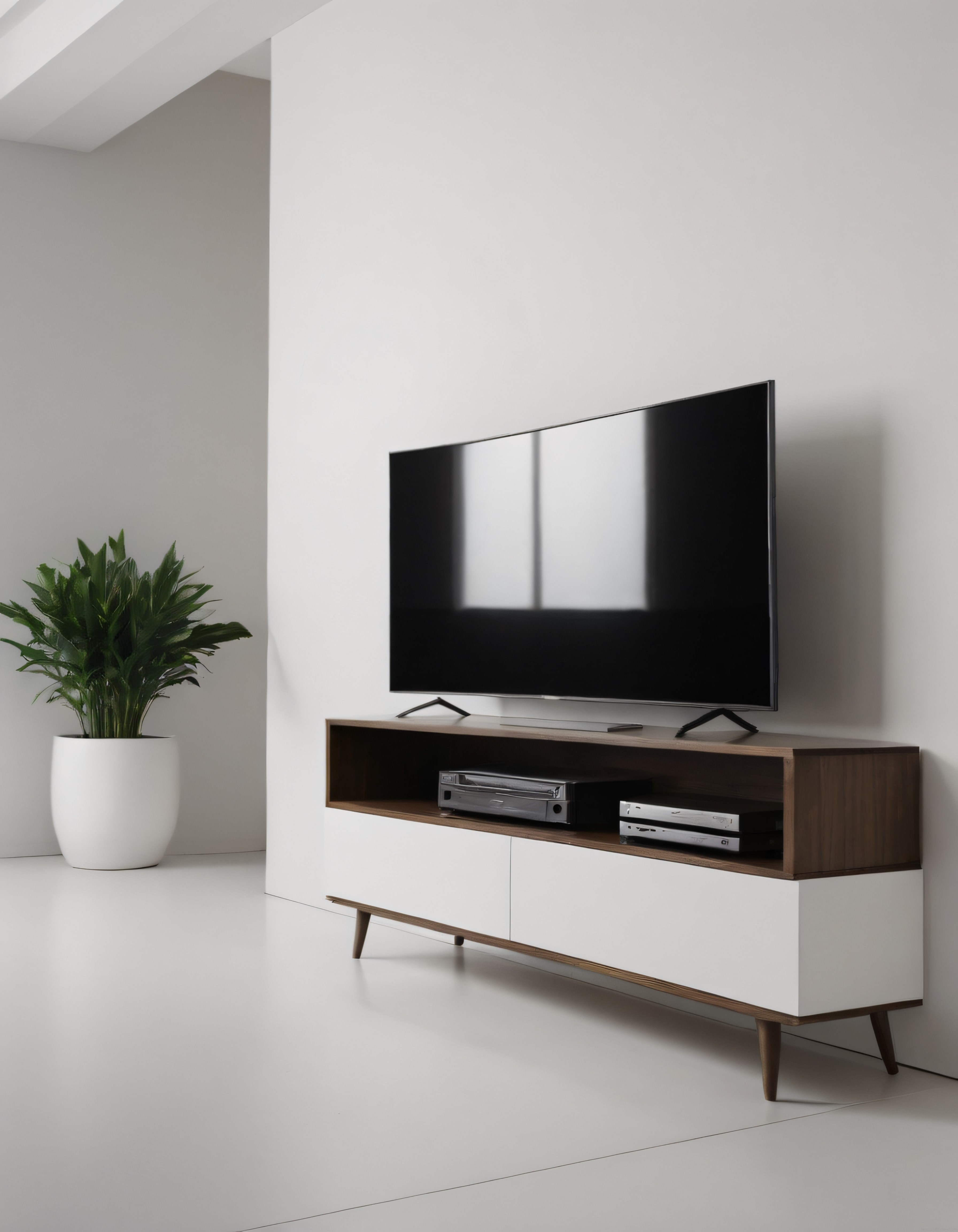 Modern Minimalist Salon Dekorasyonu, TV Ünitesi ve Yeşil Bitki ile Ferah Mekan