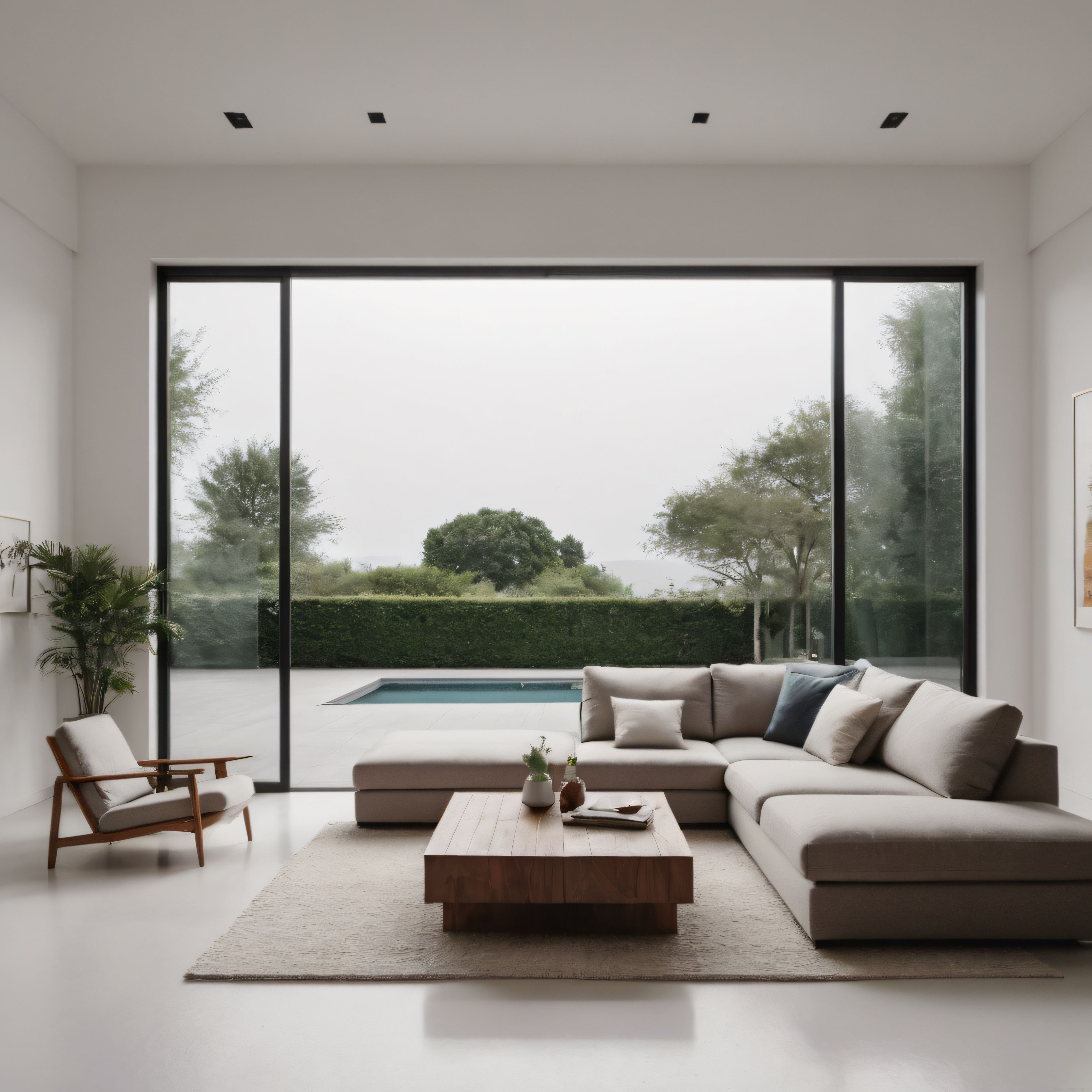 Modern Minimalist Salon Dekorasyonu ve Havuz Manzaralı Cam Duvar Tasarımı
