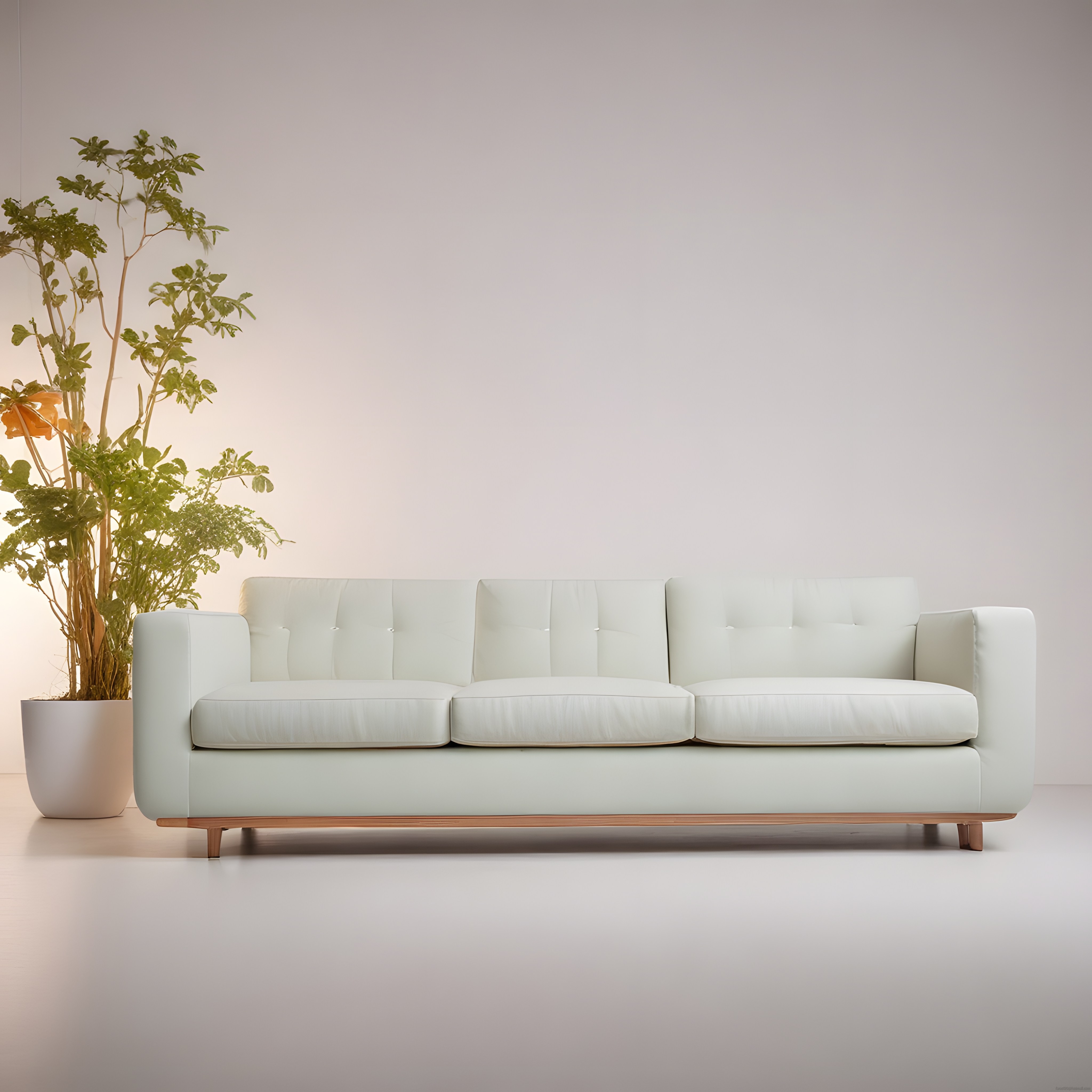 Modern Minimalist Salon Dekoru: Mint Yeşili Kanepe ve Büyük Saksı Bitkisi