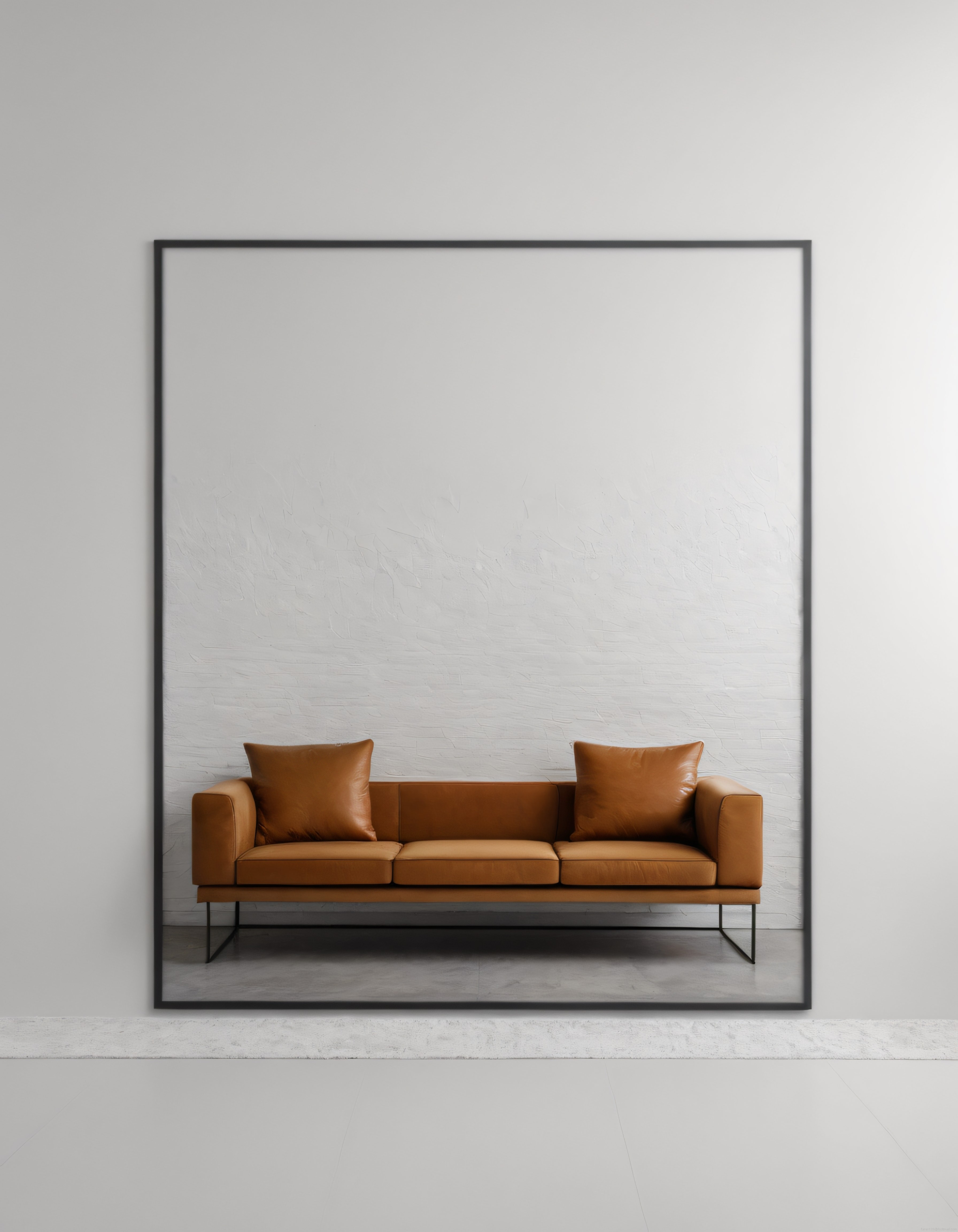 Modern Minimalist Salon: Taba Rengi Deri Kanepe ve Büyük Siyah Çerçeve