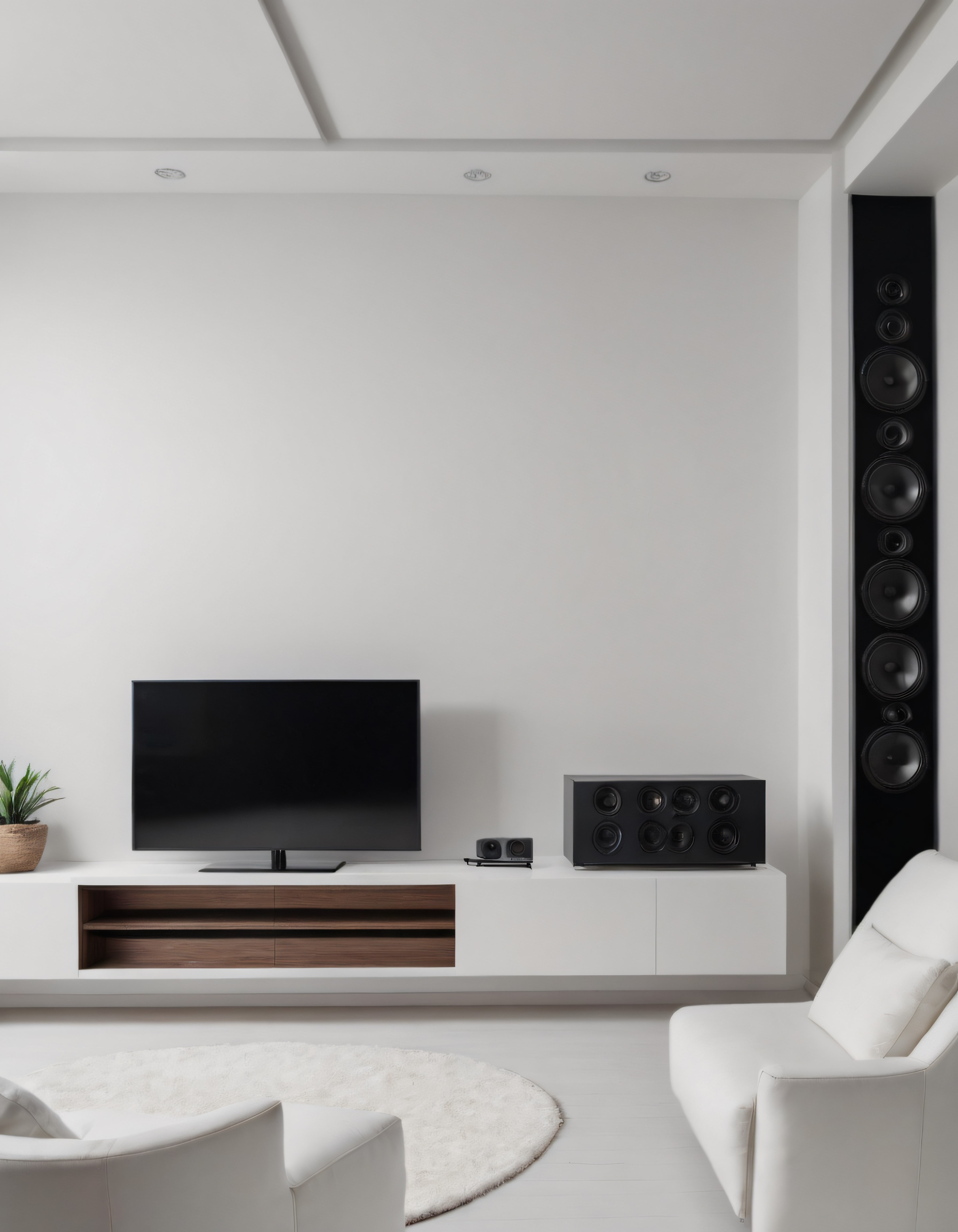 Modern Minimalist Salon ve Beyaz Duvarlarda Siyah Ev Sinema Sistemi