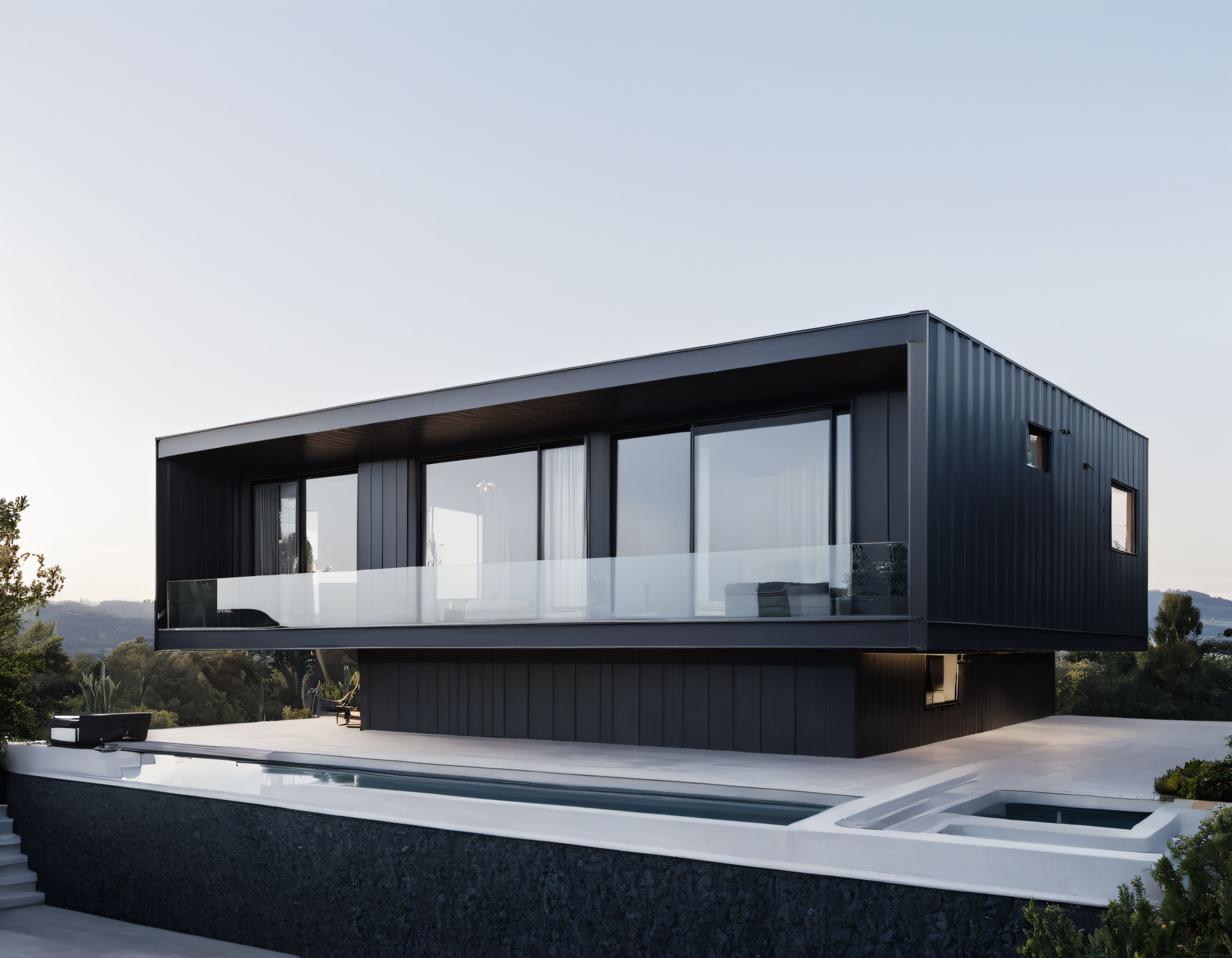 Modern minimalist siyah villanın sonsuzluk havuzlu lüks mimarisi ve doğal manzarası