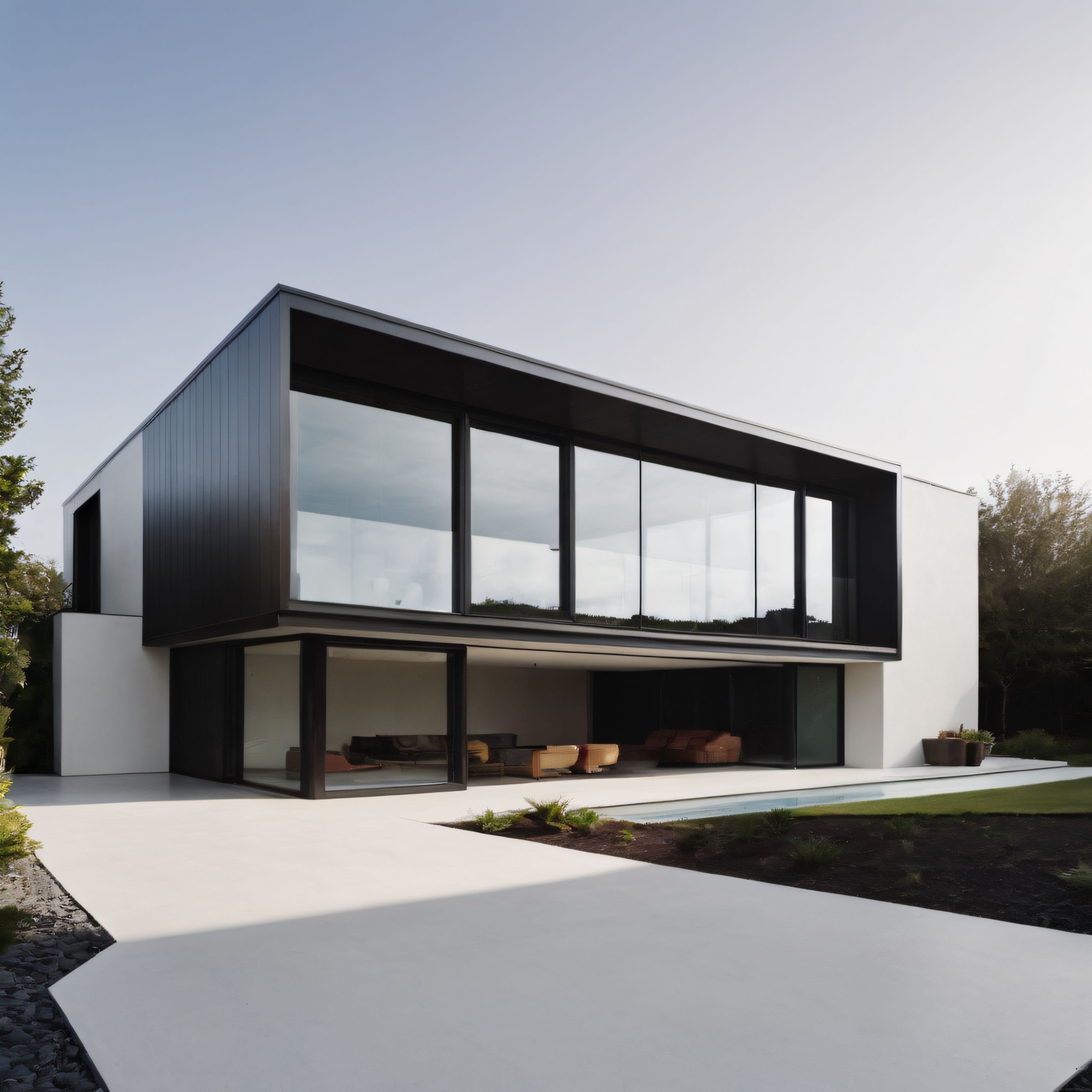 Modern minimalist villa: Büyük cam cepheli, havuzlu lüks konut mimarisi
