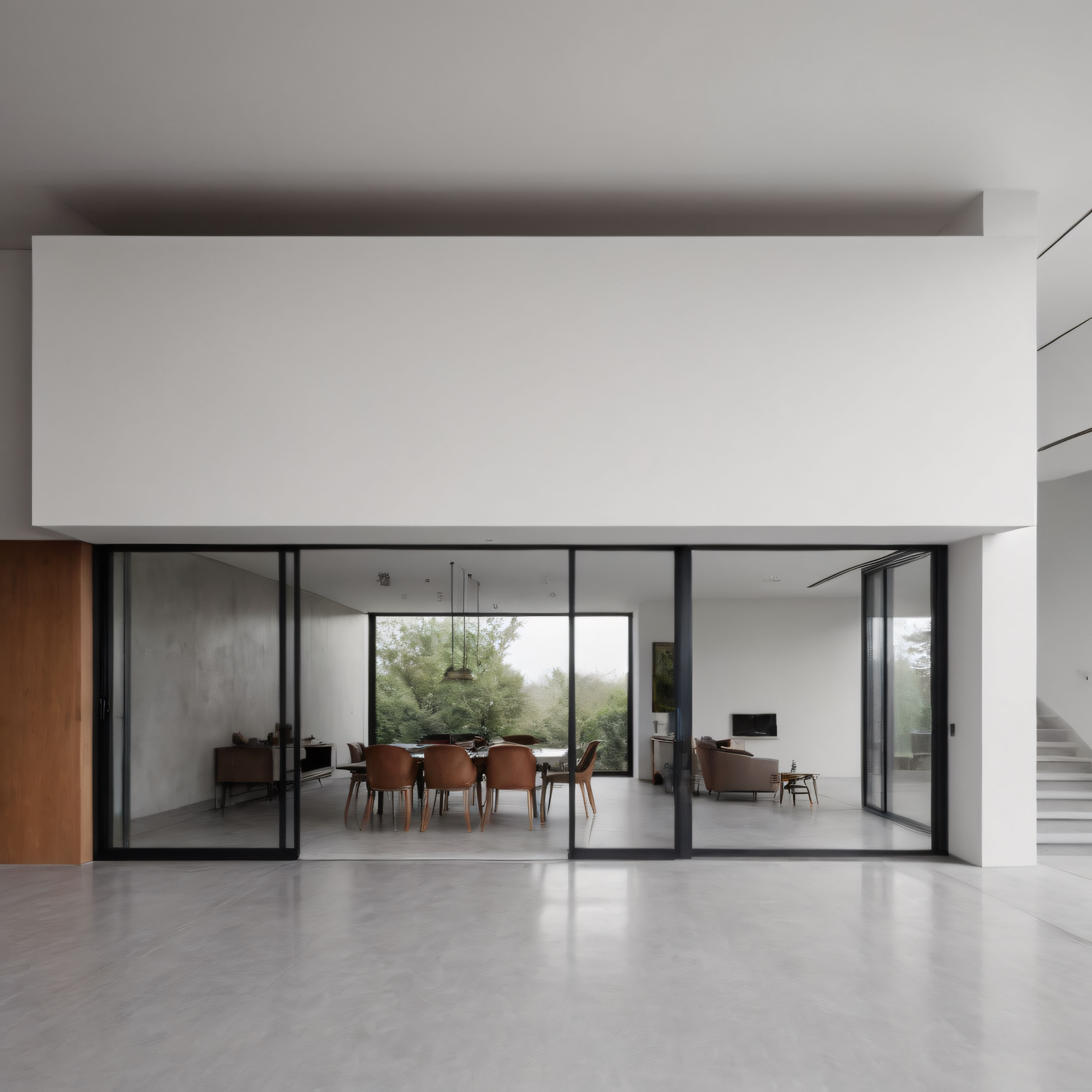Modern minimalist villa iç mekanı, cam cepheli ferah yemek ve oturma odası