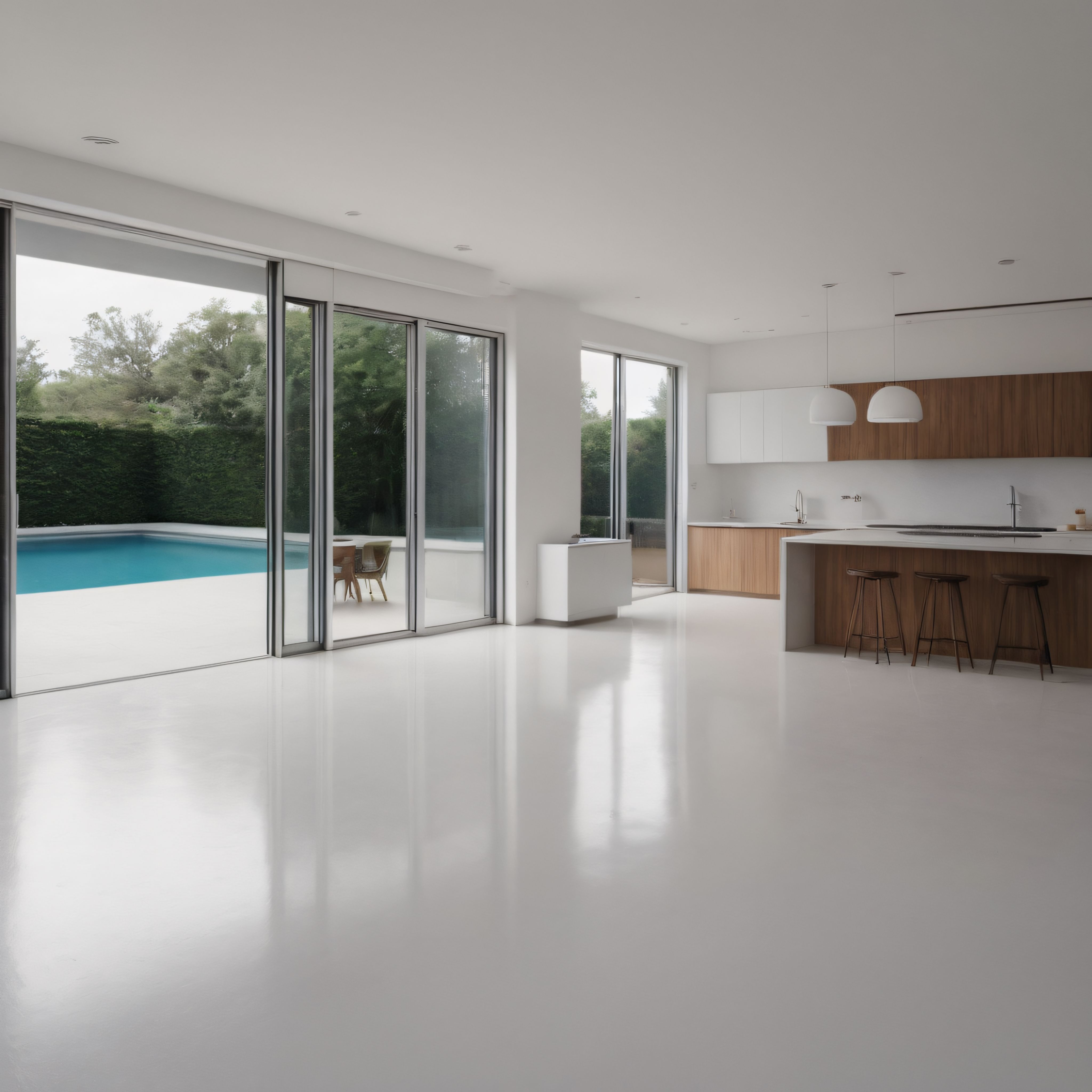 Modern Minimalist Villa İç Mekanı: Havuz Manzaralı Açık Mutfak ve Parlak Salon
