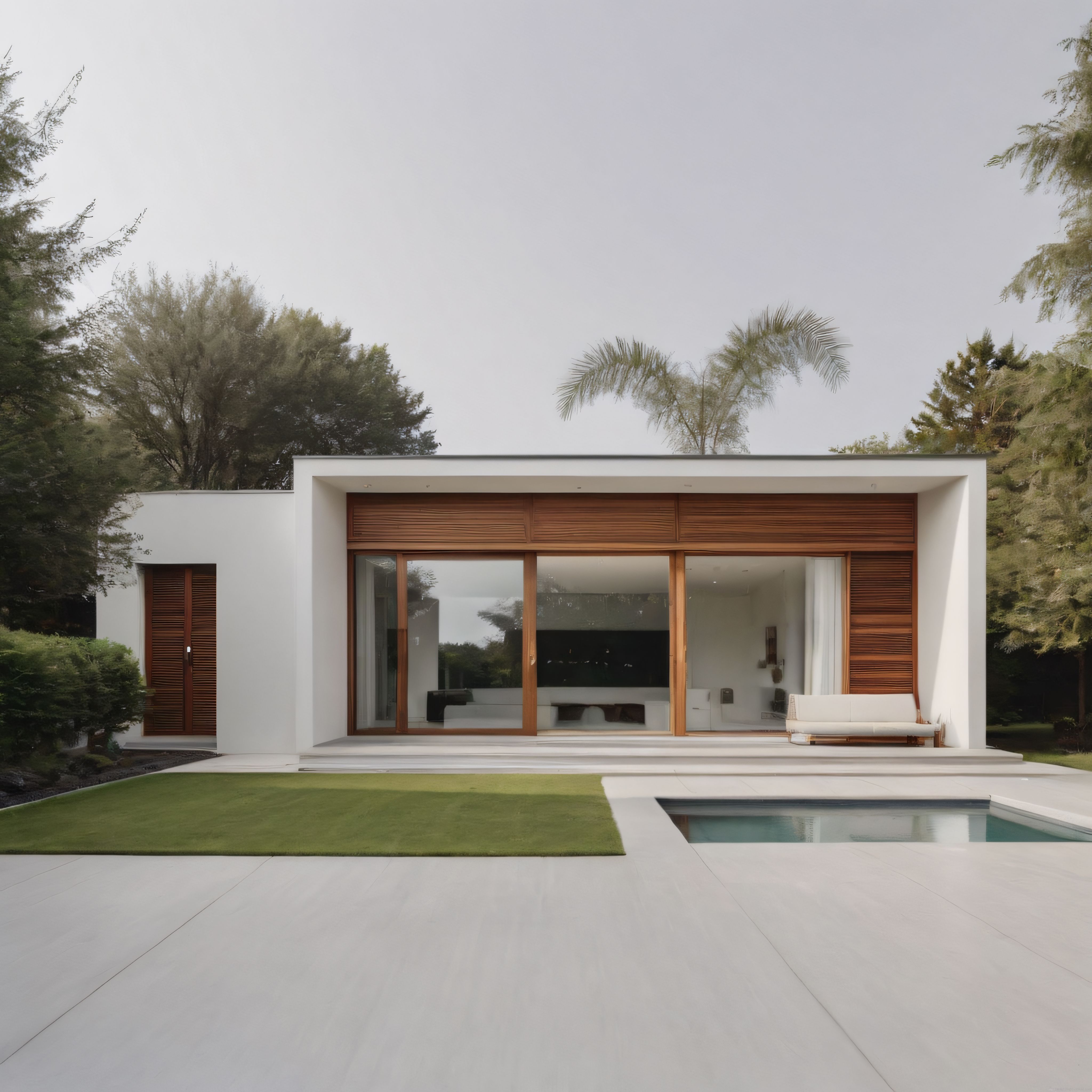 modern minimalist villa tasarımı geniş camlar bahçe ve havuz manzarası