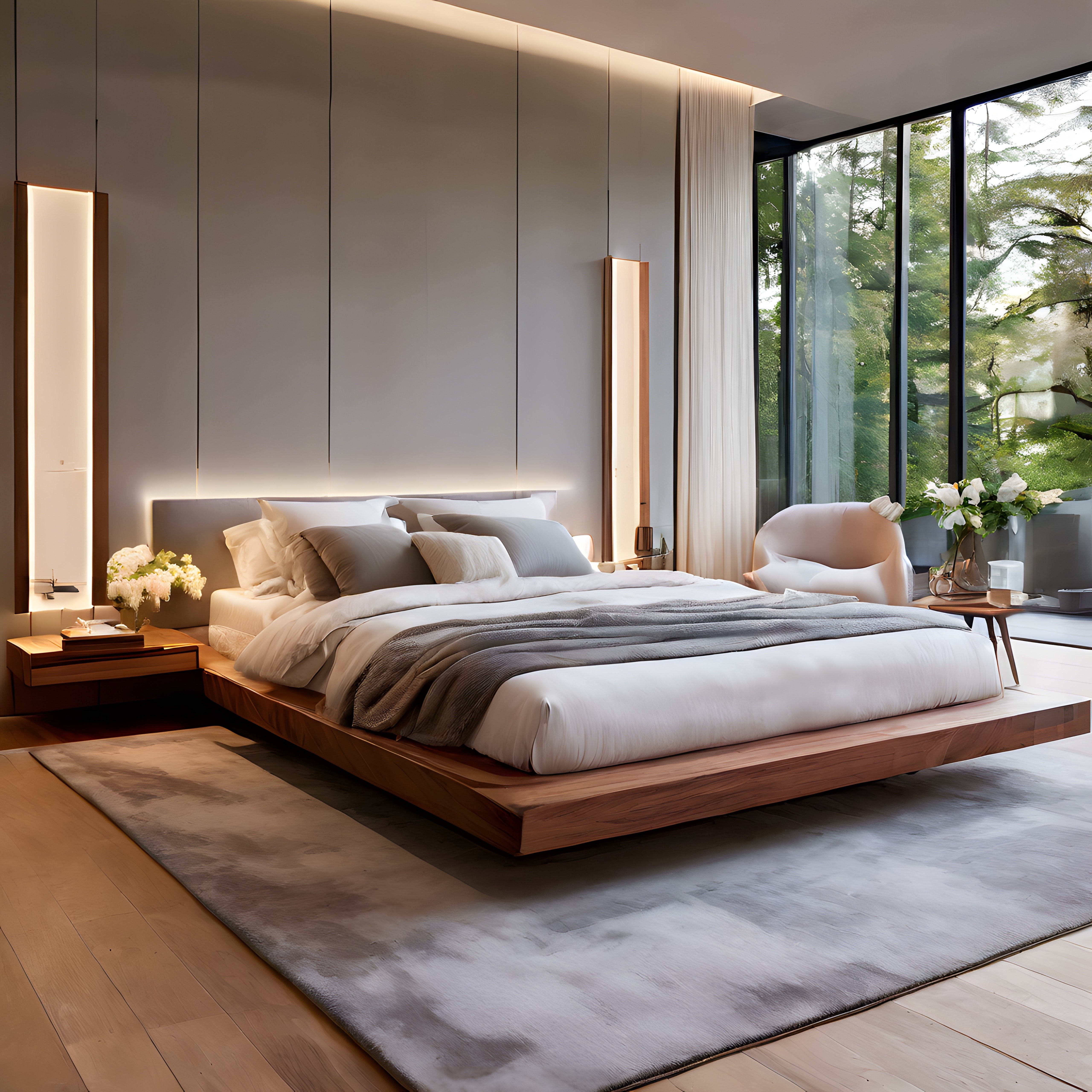 Modern Minimalist Yatak Odası: Doğa Manzaralı Huzurlu ve Şık İç Mekan Tasarımı