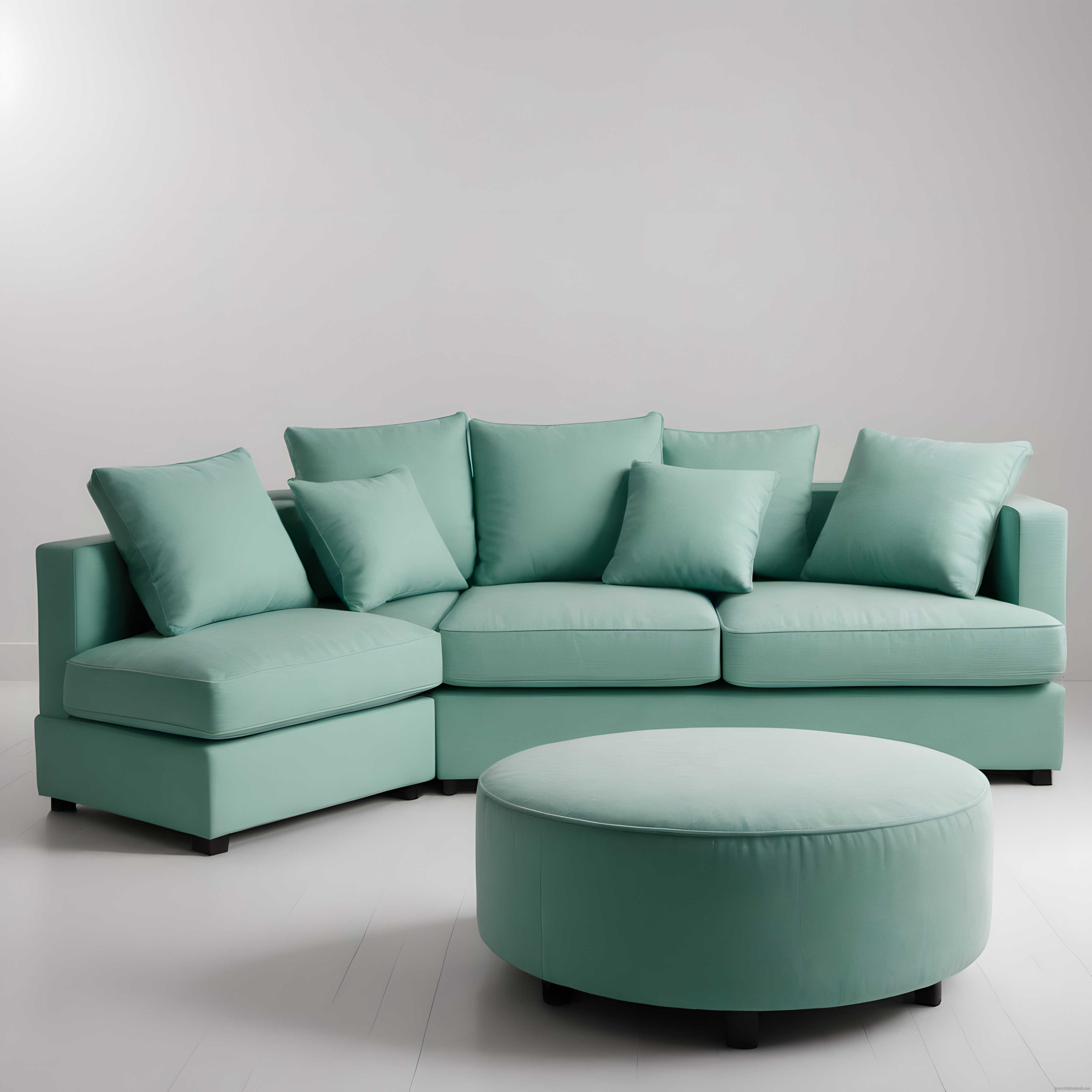Modern Mint Yeşili Köşe Koltuk ve Yuvarlak Puf ile Minimalist Salon Dekorasyonu