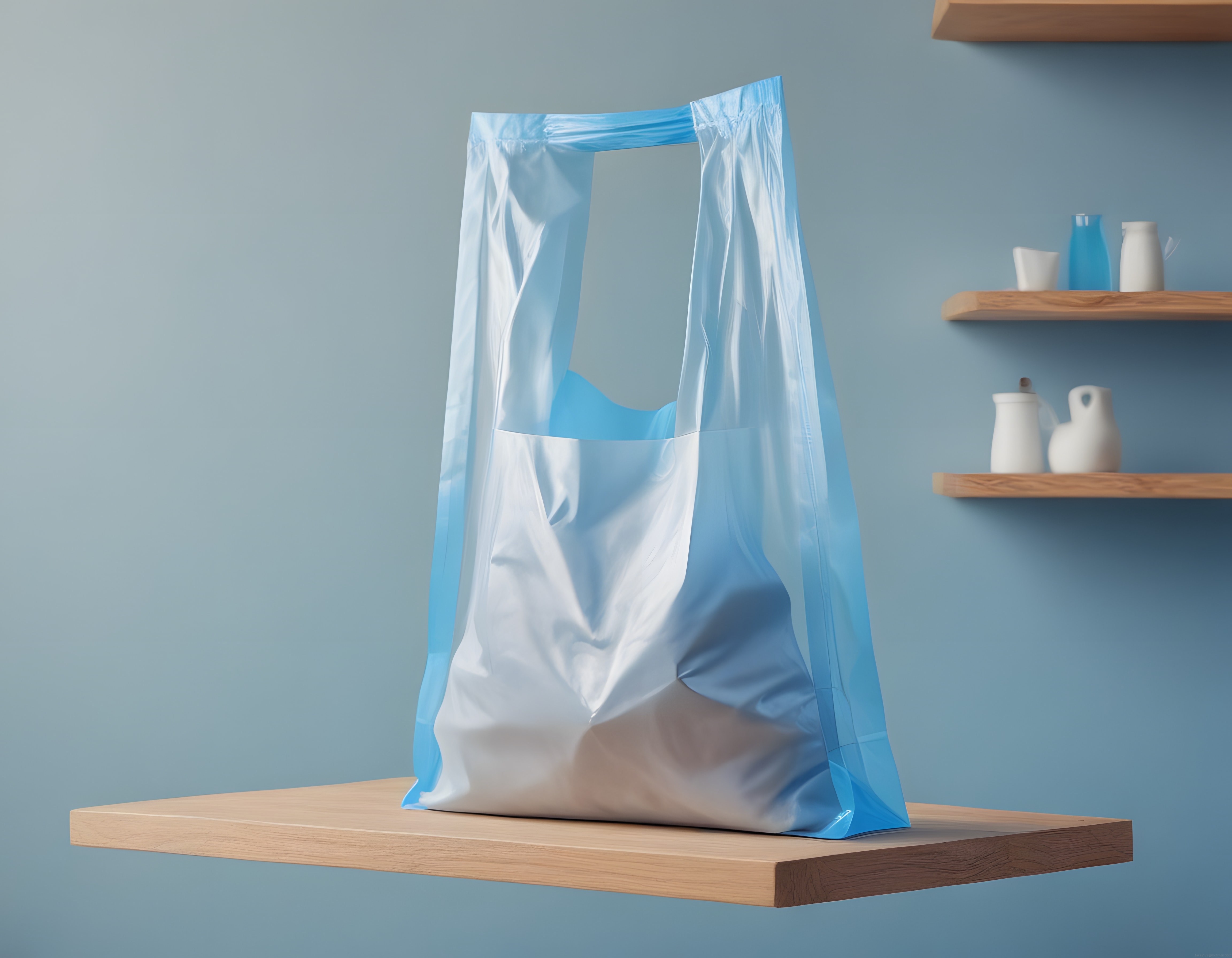 Modern Mutfakta Ahşap Raf Üzerinde Şeffaf Mavi Plastik Alışveriş Poşeti