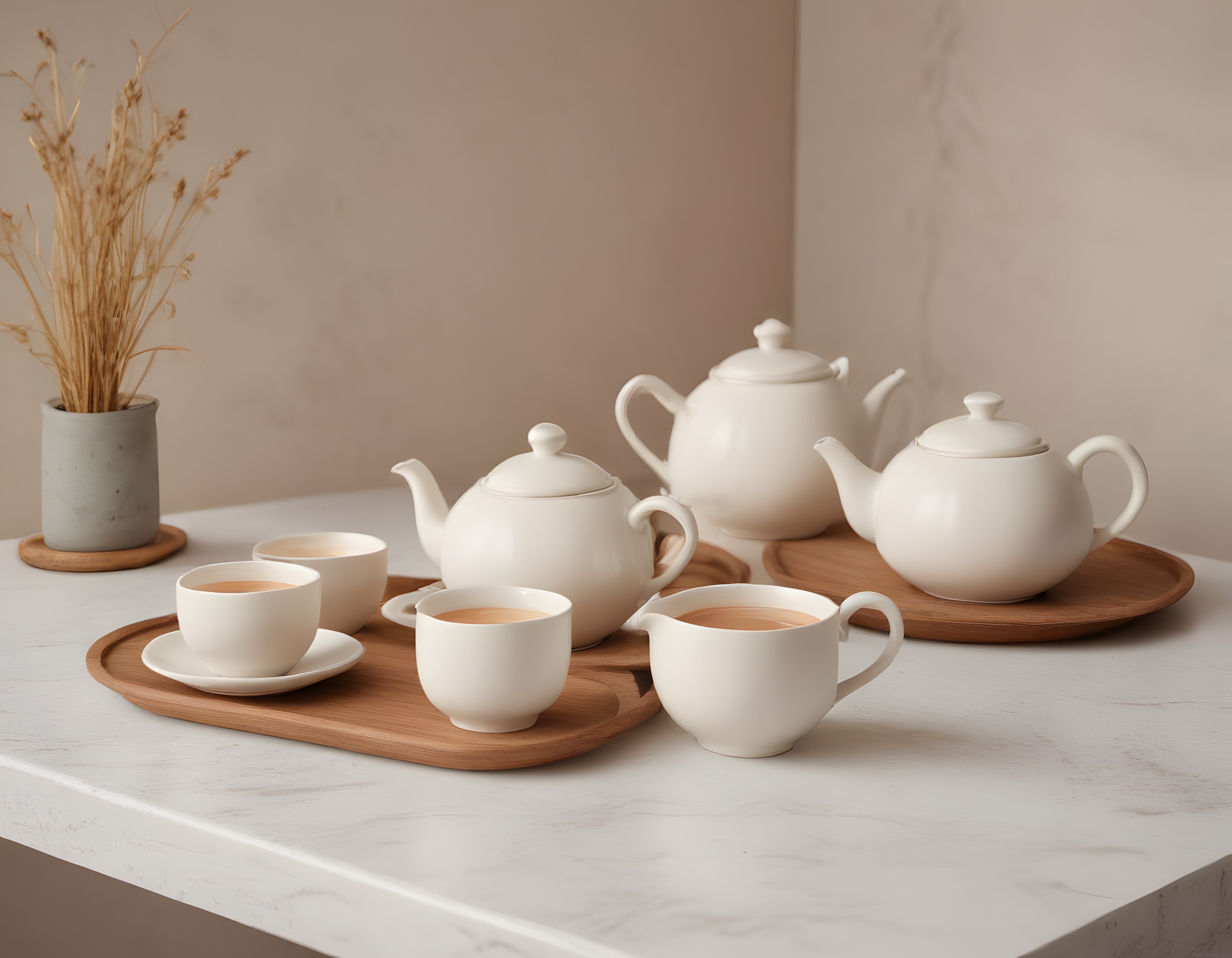 Modern Mutfakta Minimalist Beyaz Çay Takımı ve Ahşap Sunum Tepsileri