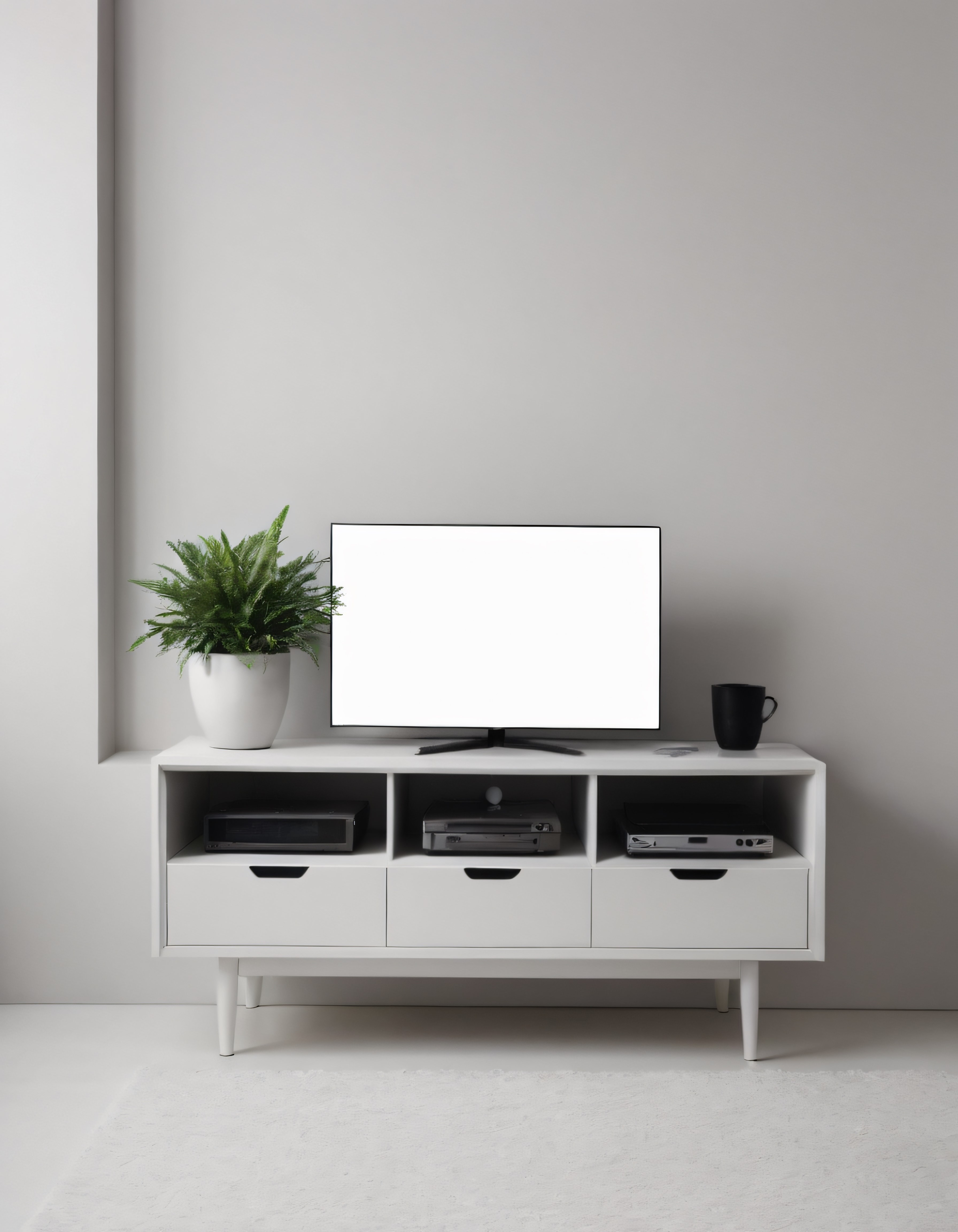 Modern Oturma Odasında Beyaz TV Sehpası ve Boş Ekranlı Minimalist Dekor